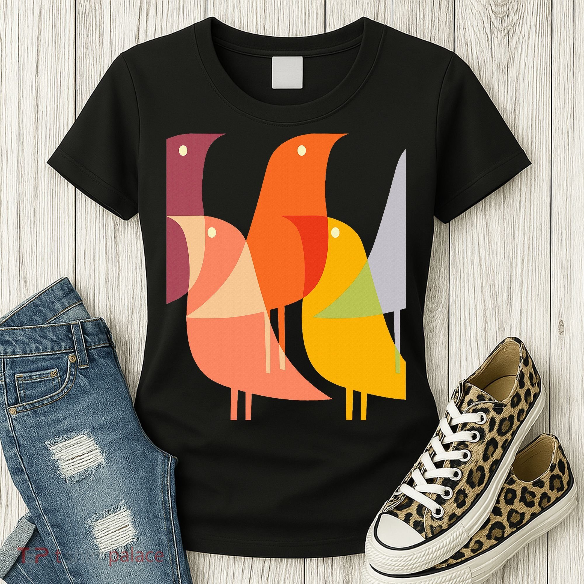 Bird Print Art Deco 60s Style Minimal Hippy Women's T-Shirt