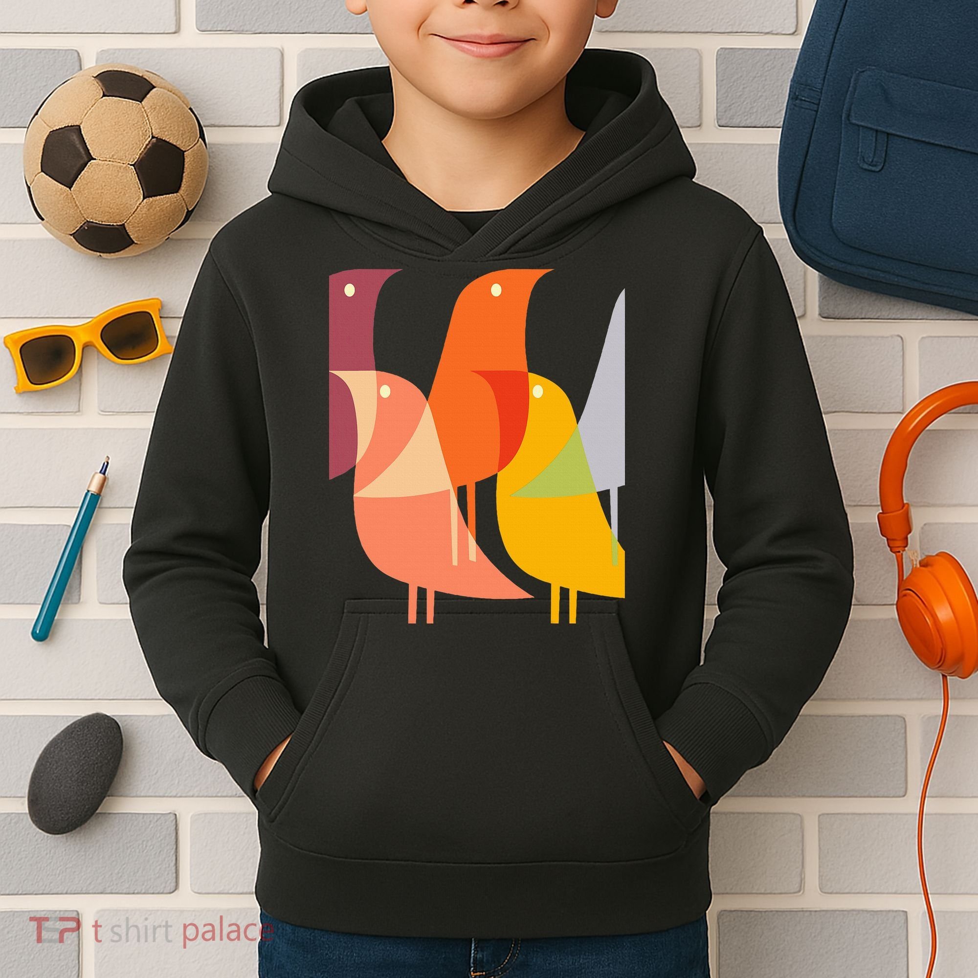 Bird Print Art Deco 60s Style Minimal Hippy Kids Hoodie