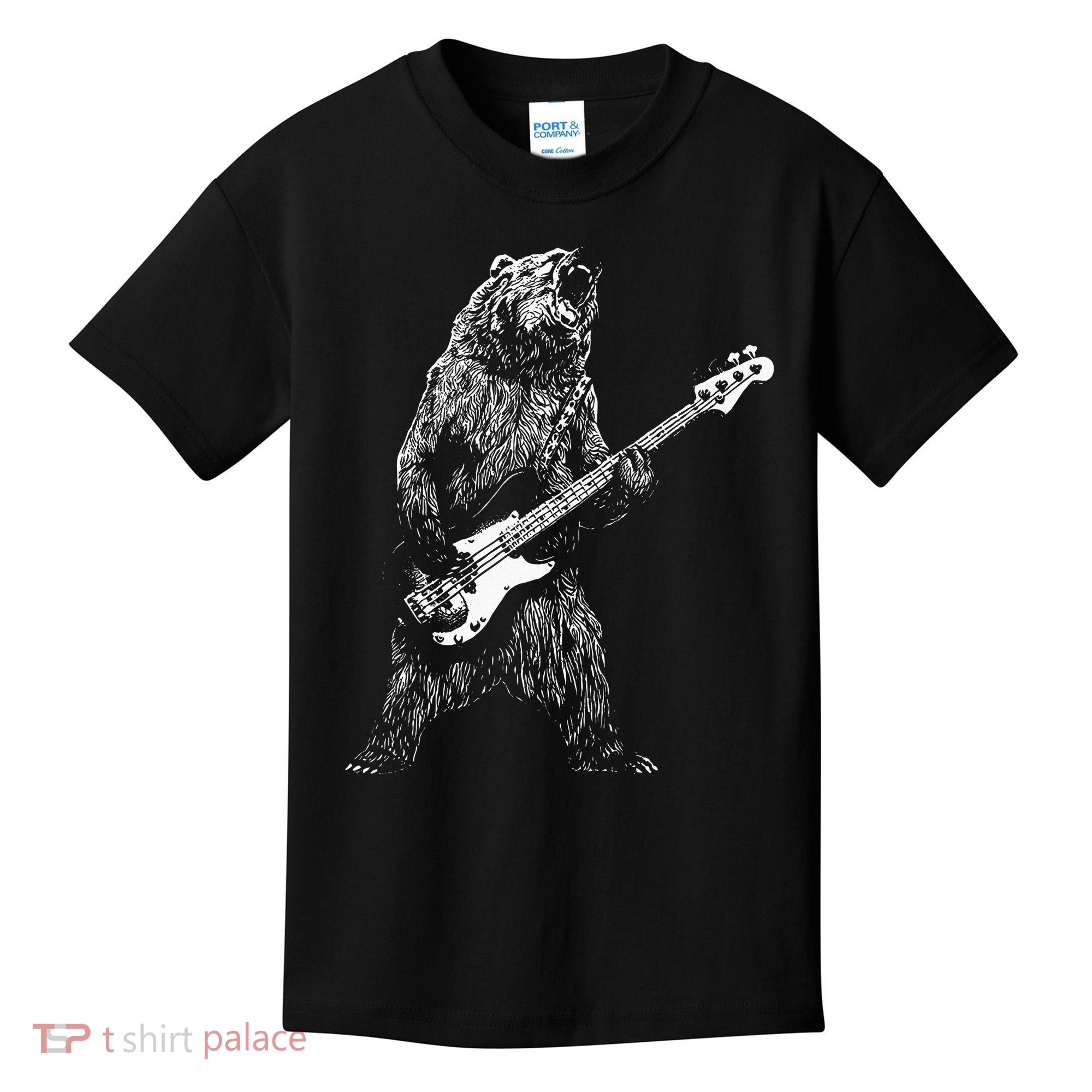 Bear Playing Bass Guitar Animal Playing Guitar Kids T-Shirt