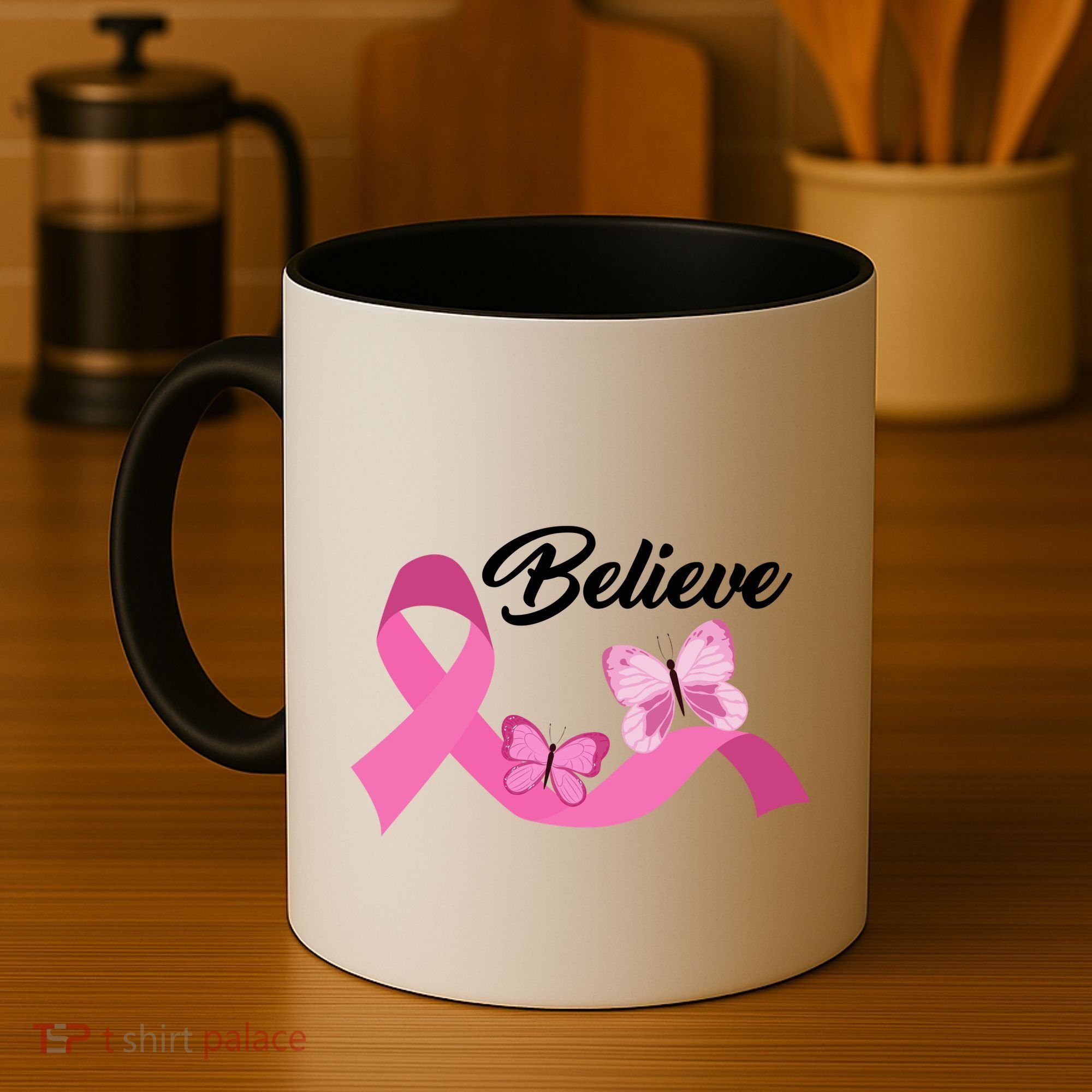 Believe Pink Butterfly Ribbon Breast Cancer Coffee Mug