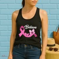 Believe Pink Butterfly Ribbon Breast Cancer Women's Tank Top thumb 2
