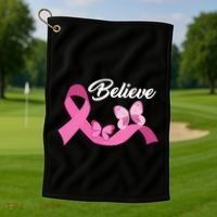 Believe Pink Butterfly Ribbon Breast Cancer Golf Towel thumb 1