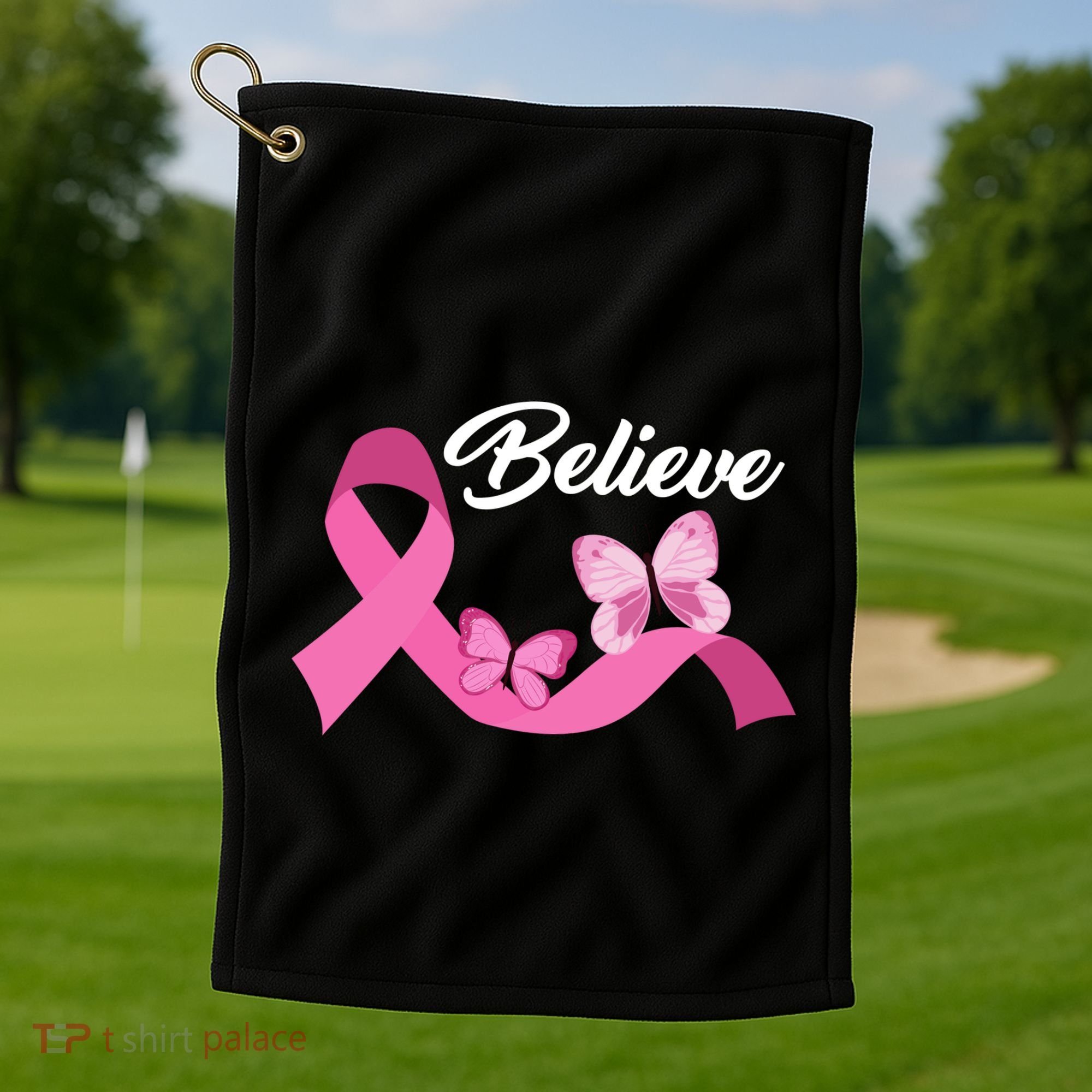 Believe Pink Butterfly Ribbon Breast Cancer Golf Towel