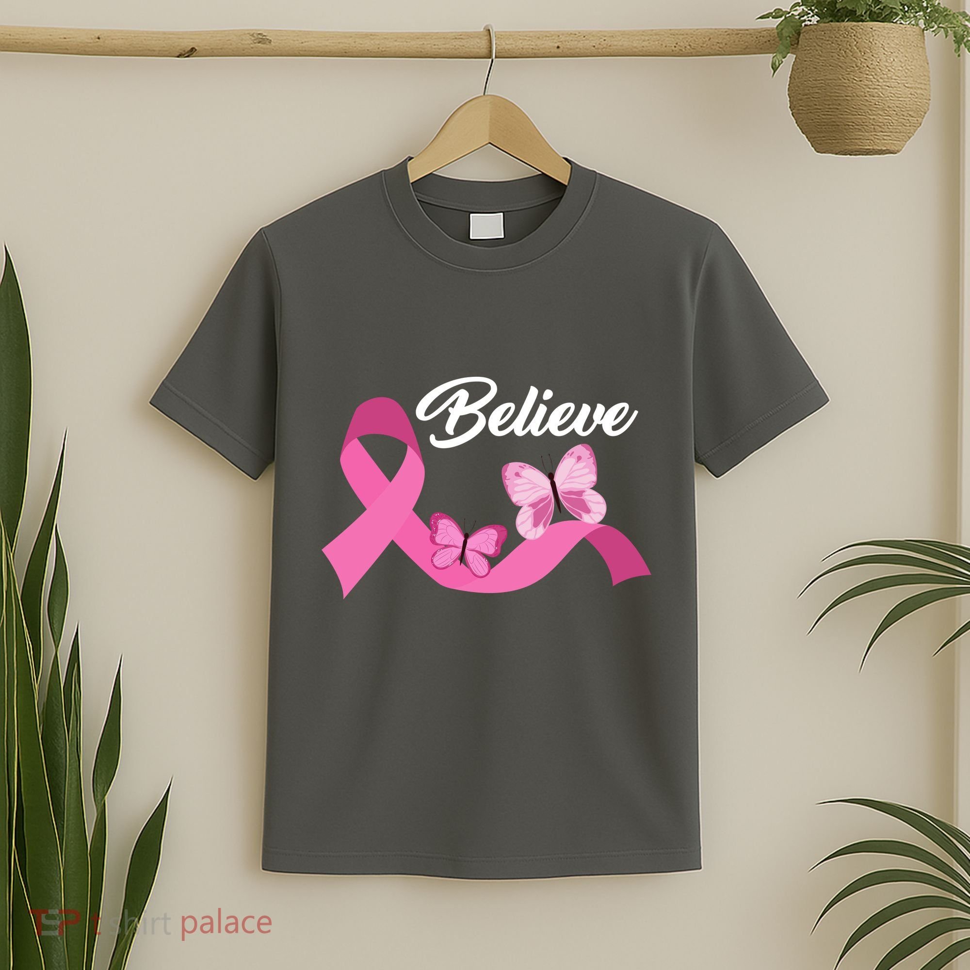 Believe Pink Butterfly Ribbon Breast Cancer T-Shirt