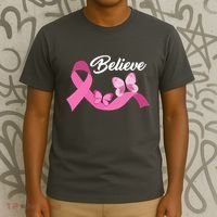 Believe Pink Butterfly Ribbon Breast Cancer T-Shirt thumb 3