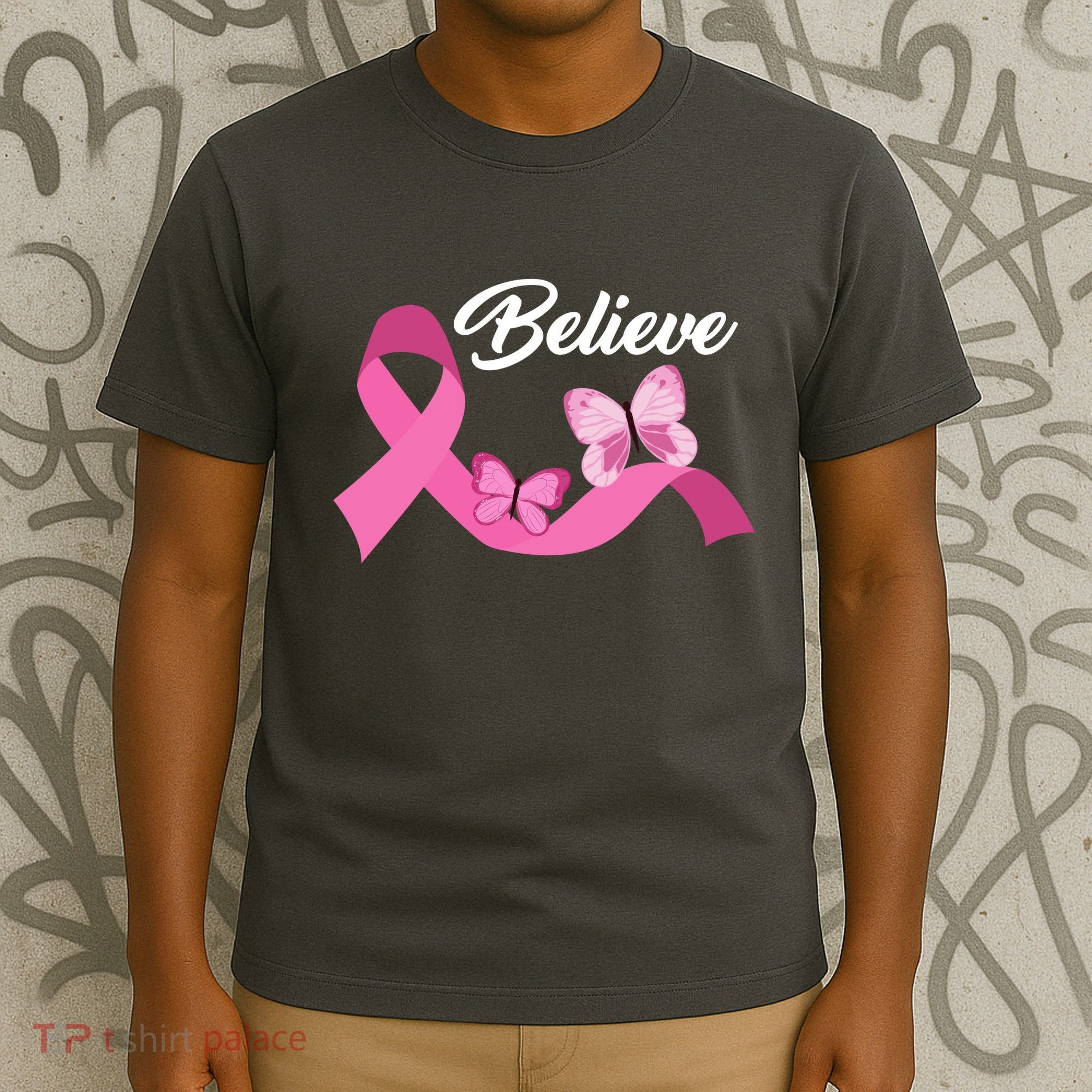 Believe Pink Butterfly Ribbon Breast Cancer T-Shirt