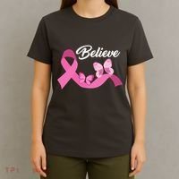 Believe Pink Butterfly Ribbon Breast Cancer T-Shirt thumb 4