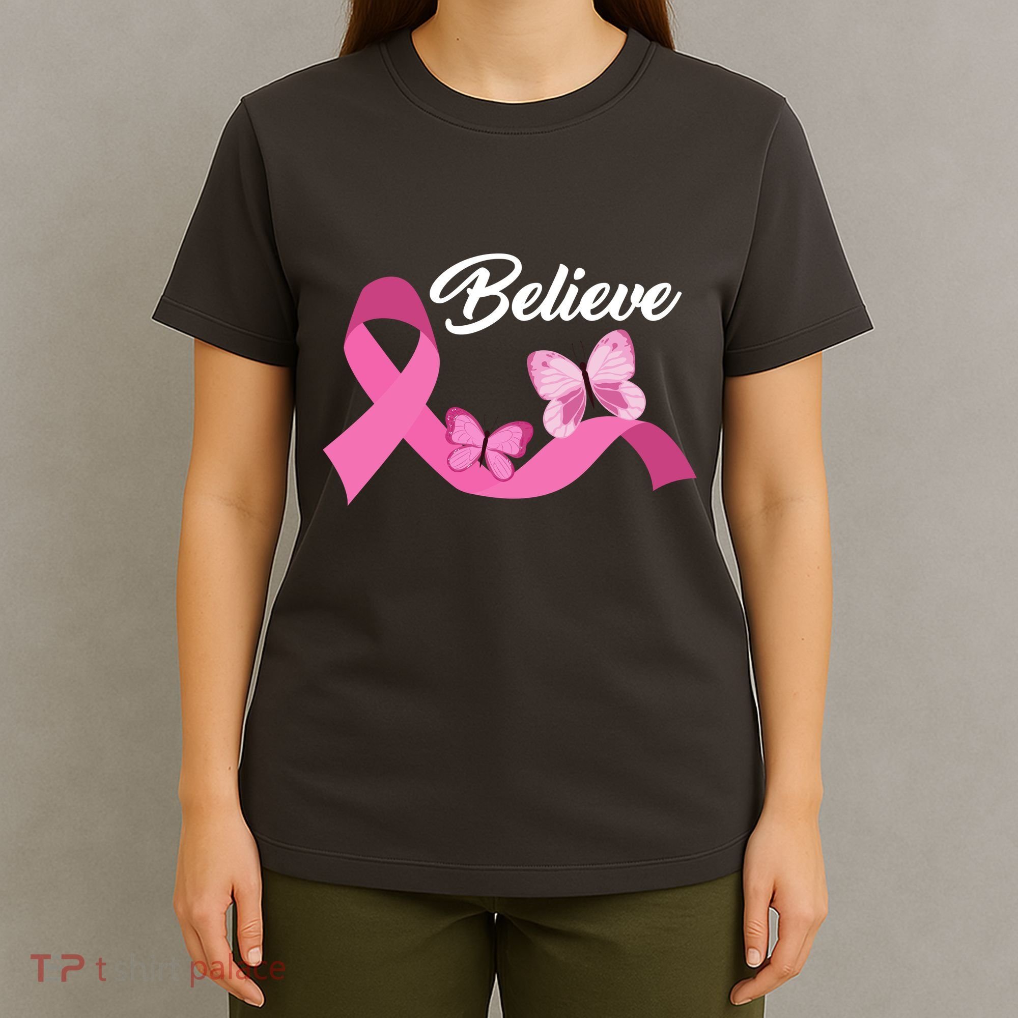 Believe Pink Butterfly Ribbon Breast Cancer T-Shirt