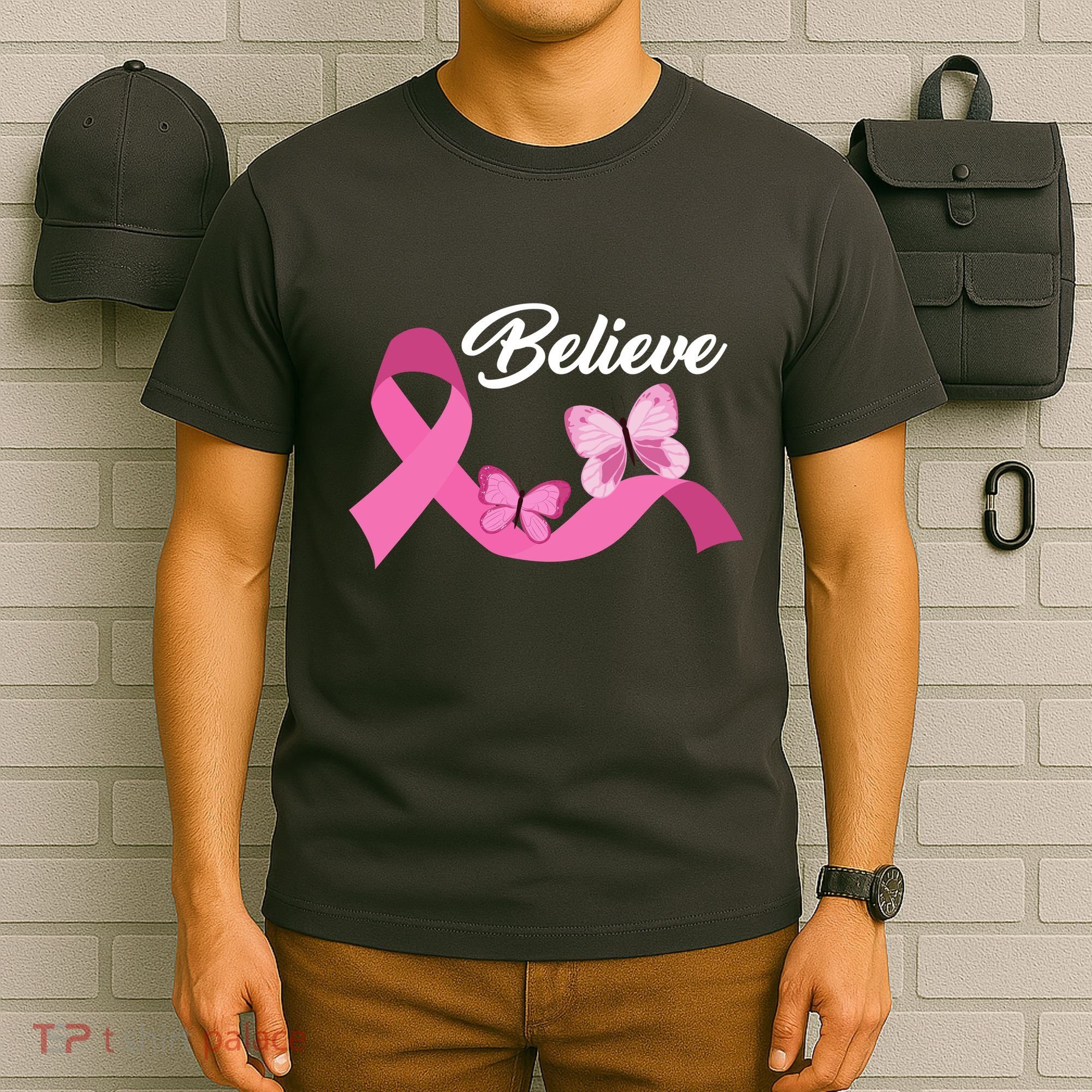 Believe Pink Butterfly Ribbon Breast Cancer T-Shirt