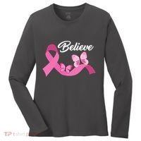 Believe Pink Butterfly Ribbon Breast Cancer Women's Long Sleeve Shirt thumb 0