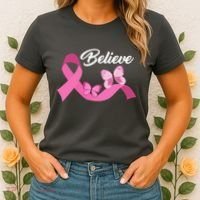 Believe Pink Butterfly Ribbon Breast Cancer Women's T-Shirt thumb 2