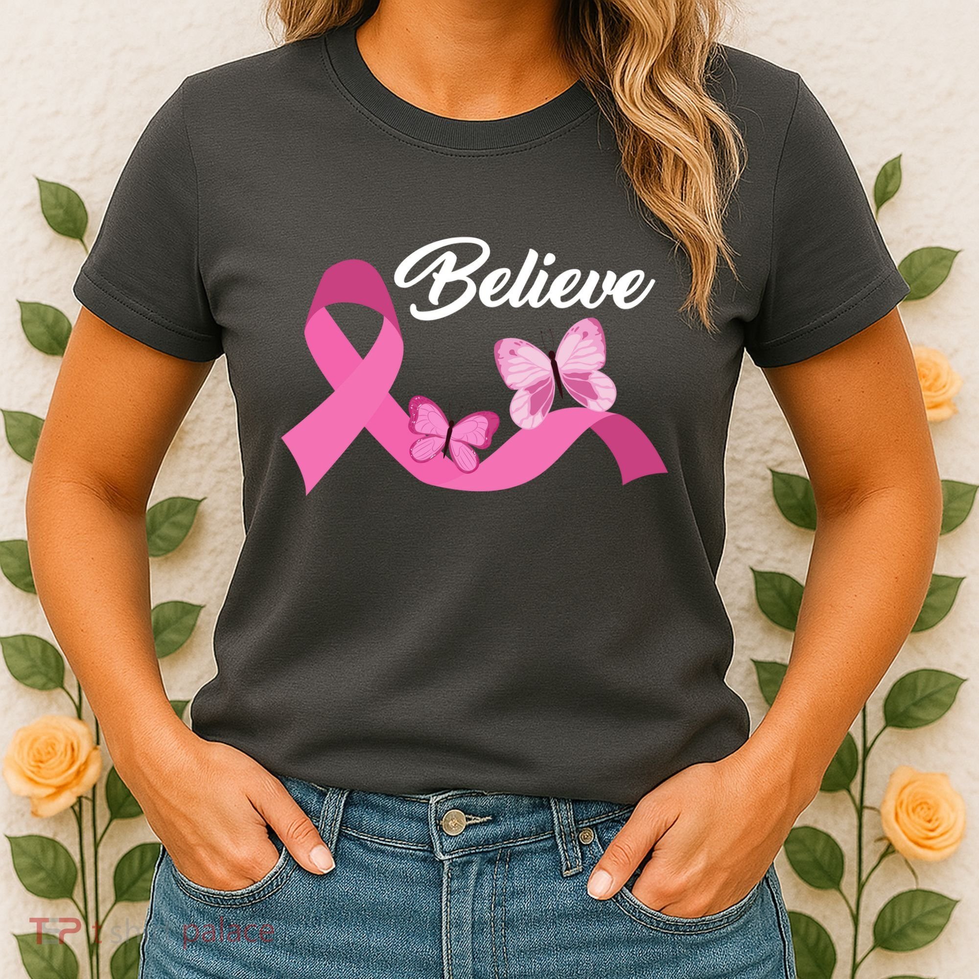 Believe Pink Butterfly Ribbon Breast Cancer Women's T-Shirt