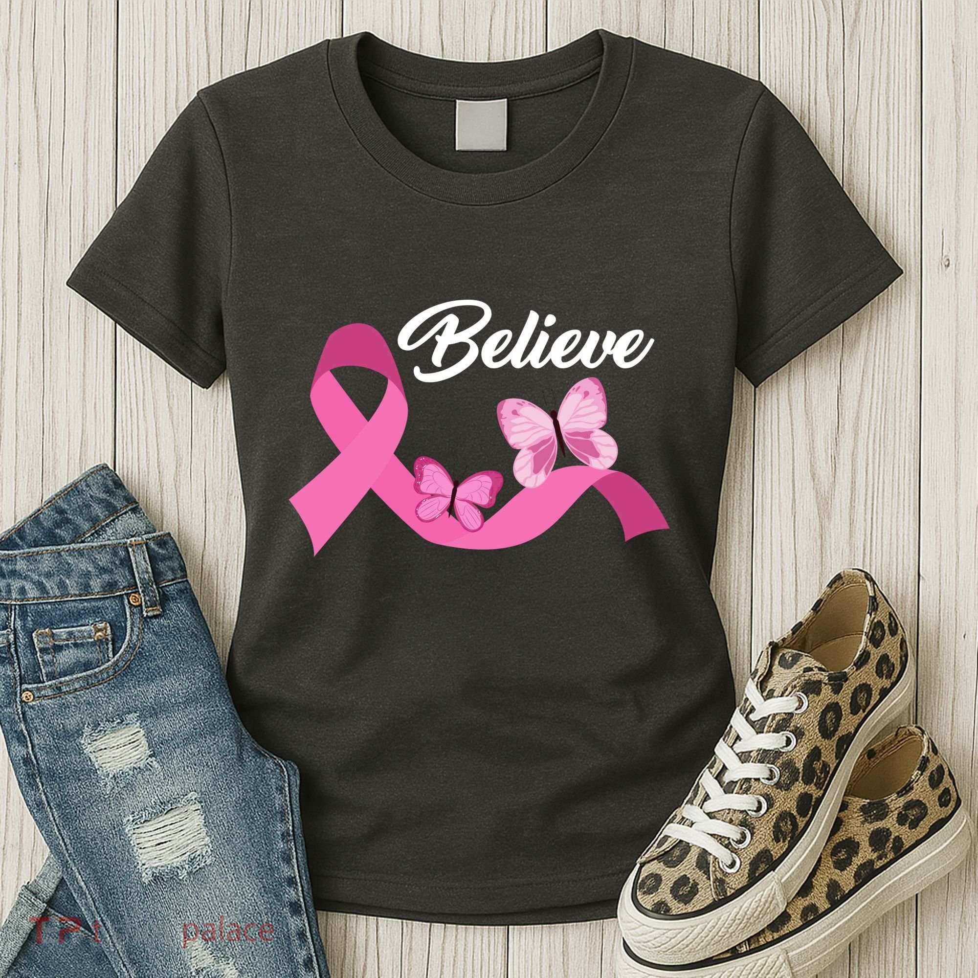 Believe Pink Butterfly Ribbon Breast Cancer Women's T-Shirt