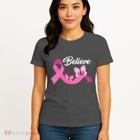 Believe Pink Butterfly Ribbon Breast Cancer Women's T-Shirt thumb 4