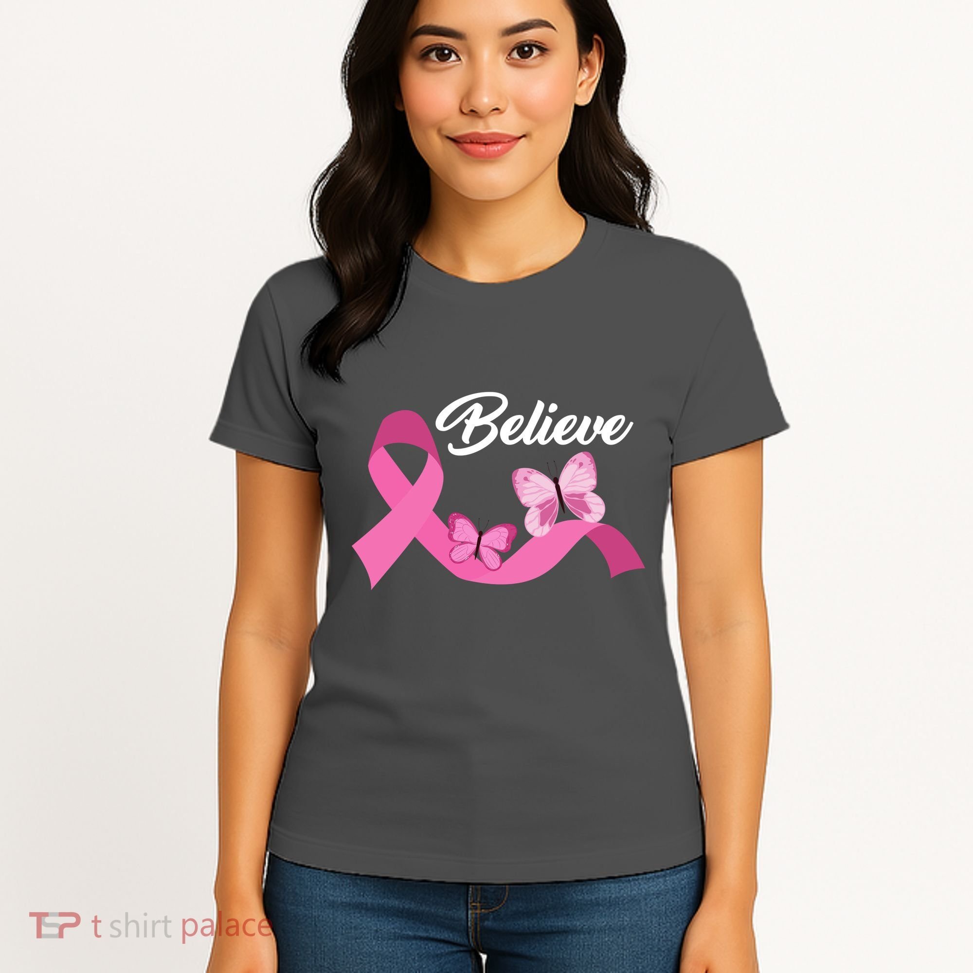 Believe Pink Butterfly Ribbon Breast Cancer Women's T-Shirt