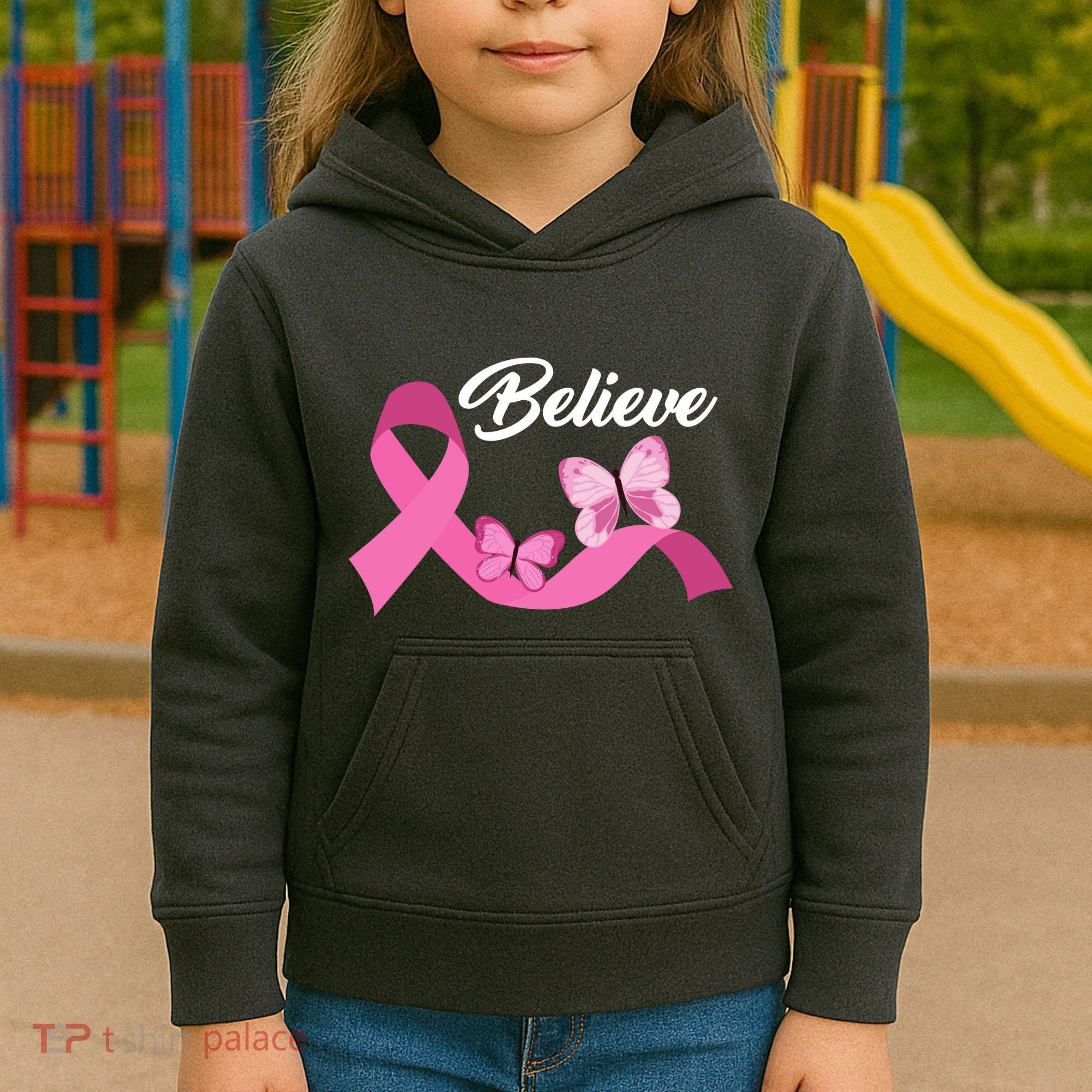 Believe Pink Butterfly Ribbon Breast Cancer Kids Hoodie