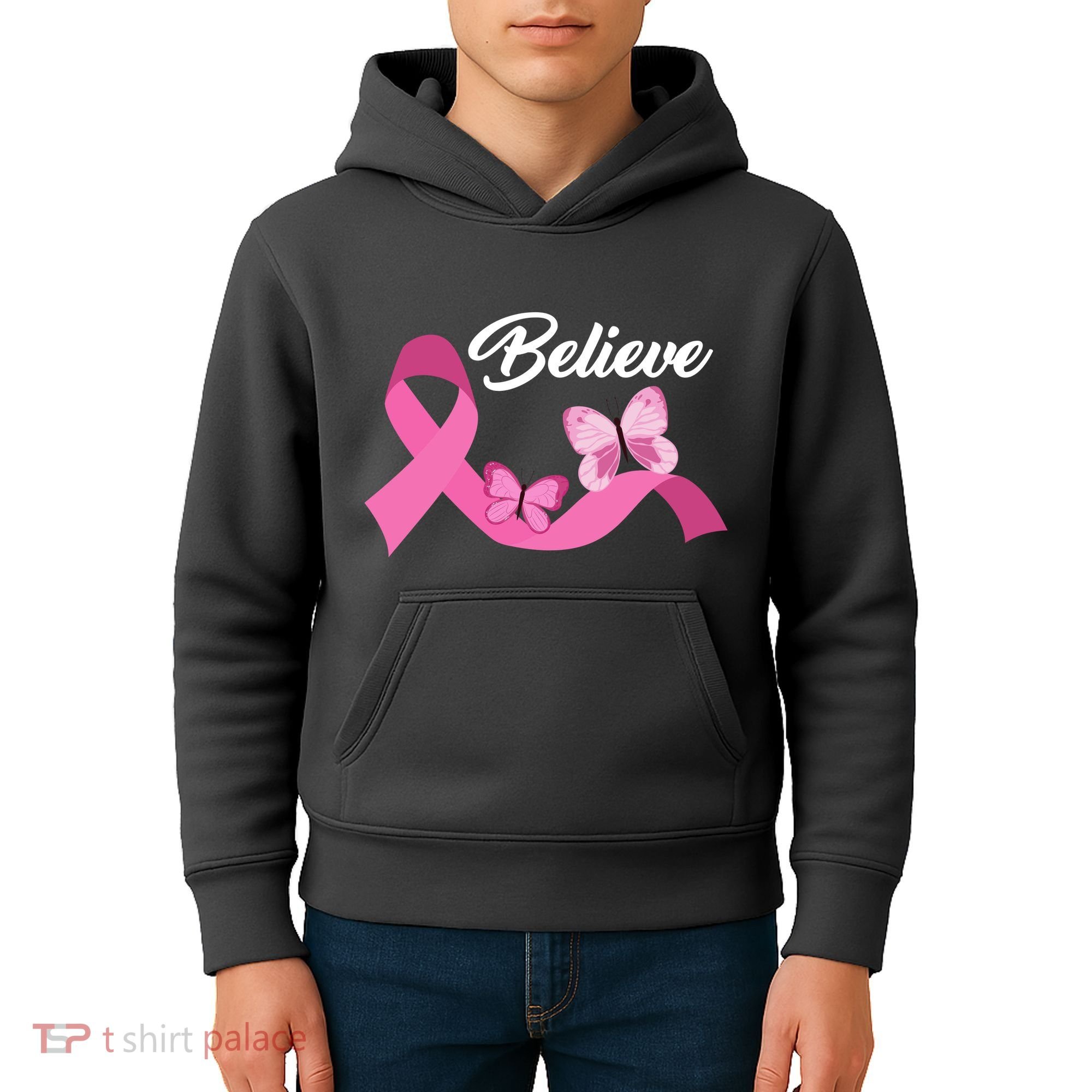 Believe Pink Butterfly Ribbon Breast Cancer Kids Hoodie