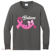 Believe Pink Butterfly Ribbon Breast Cancer Kids Long Sleeve Shirt thumb 0
