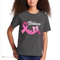 Believe Pink Butterfly Ribbon Breast Cancer Kids T-Shirt thumb 2