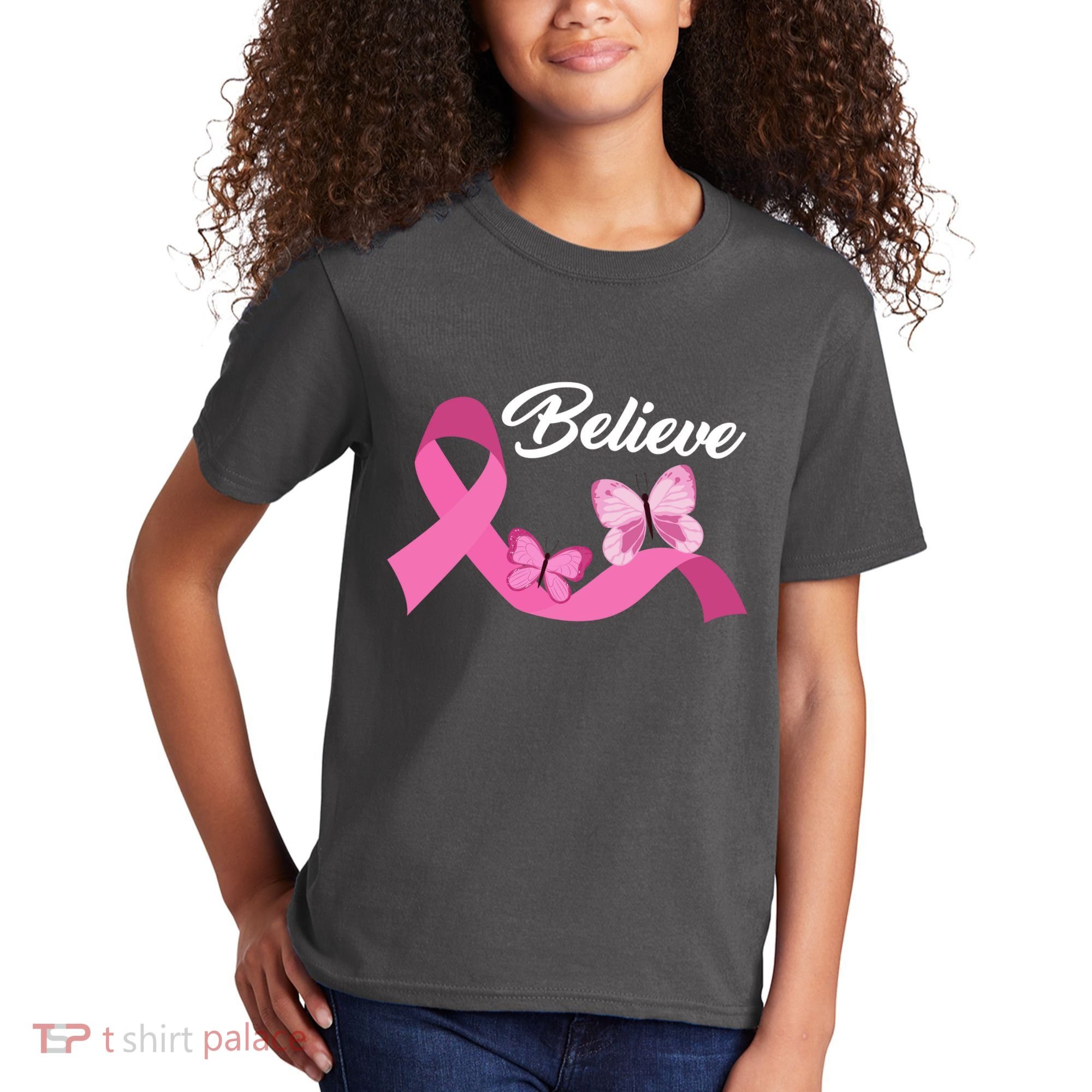 Believe Pink Butterfly Ribbon Breast Cancer Kids T-Shirt