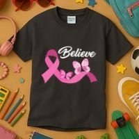 Believe Pink Butterfly Ribbon Breast Cancer Kids T-Shirt thumb 3