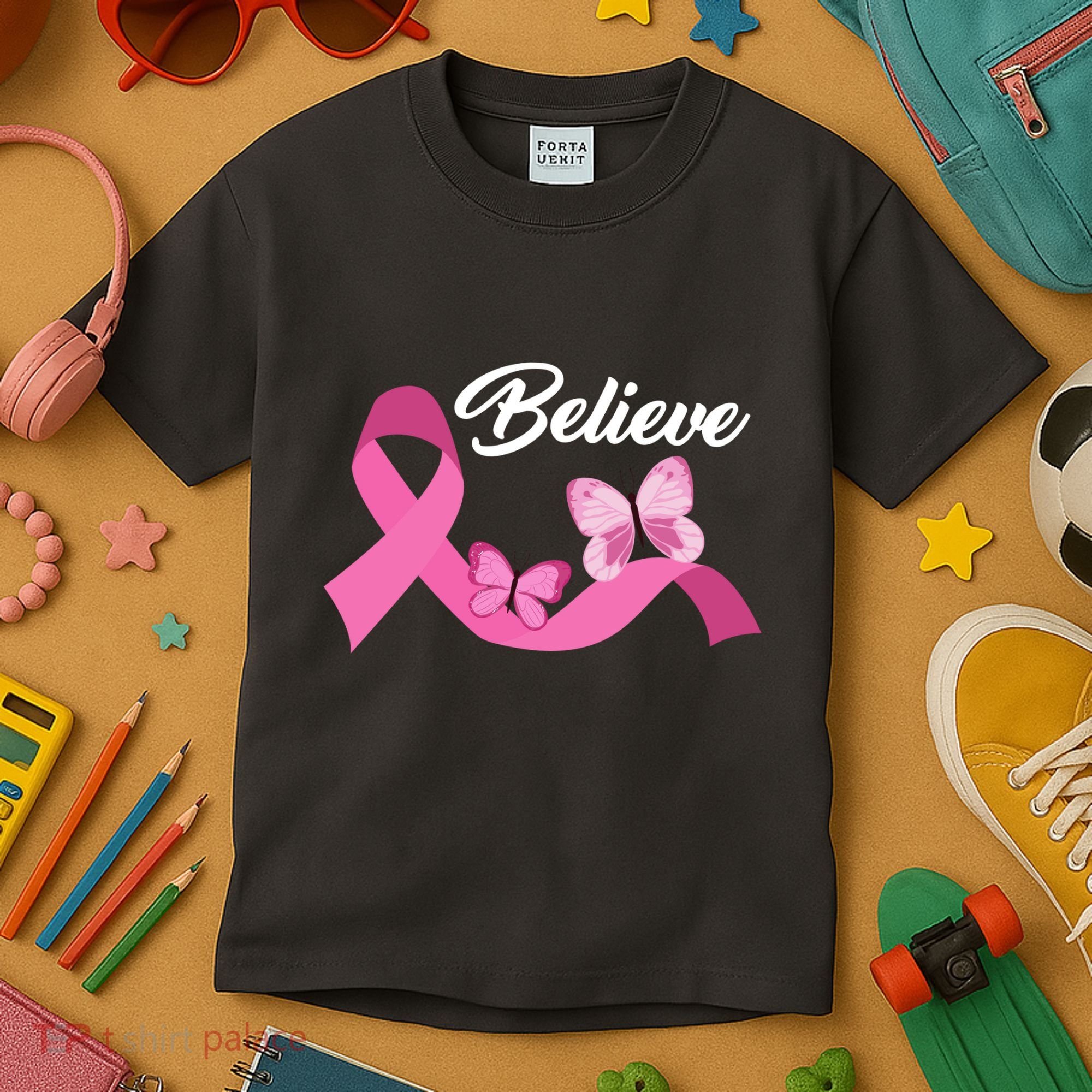 Believe Pink Butterfly Ribbon Breast Cancer Kids T-Shirt