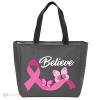 Believe Pink Butterfly Ribbon Breast Cancer Tote Bag thumb 0