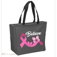 Believe Pink Butterfly Ribbon Breast Cancer Tote Bag thumb 2