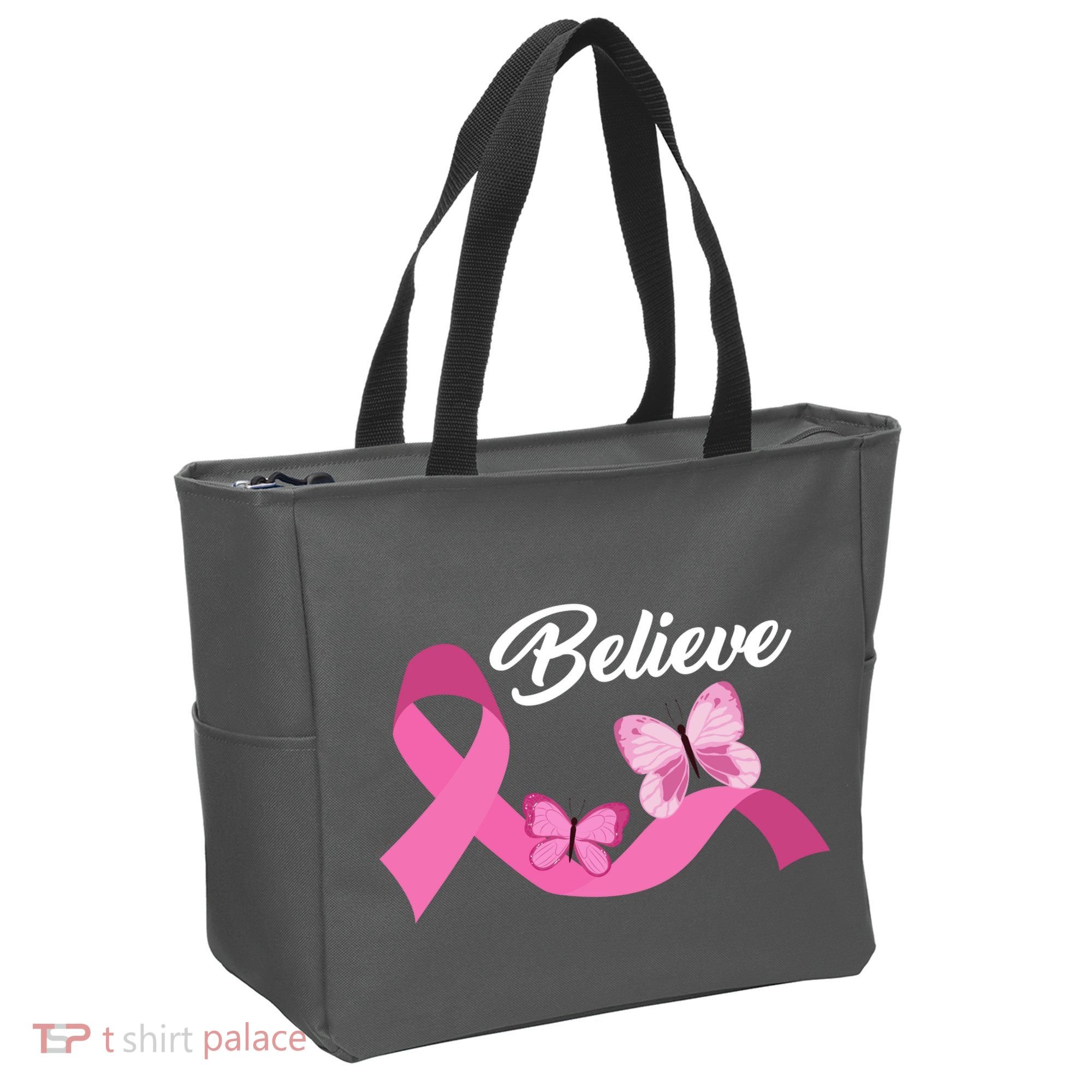 Believe Pink Butterfly Ribbon Breast Cancer Tote Bag