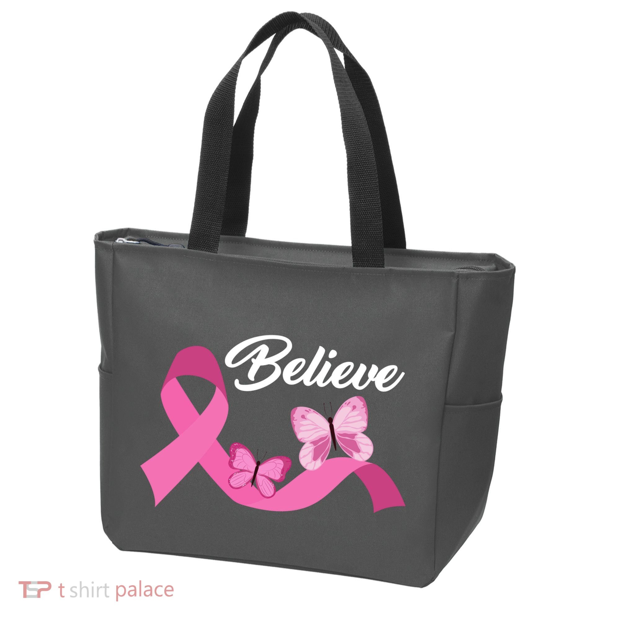 Believe Pink Butterfly Ribbon Breast Cancer Tote Bag