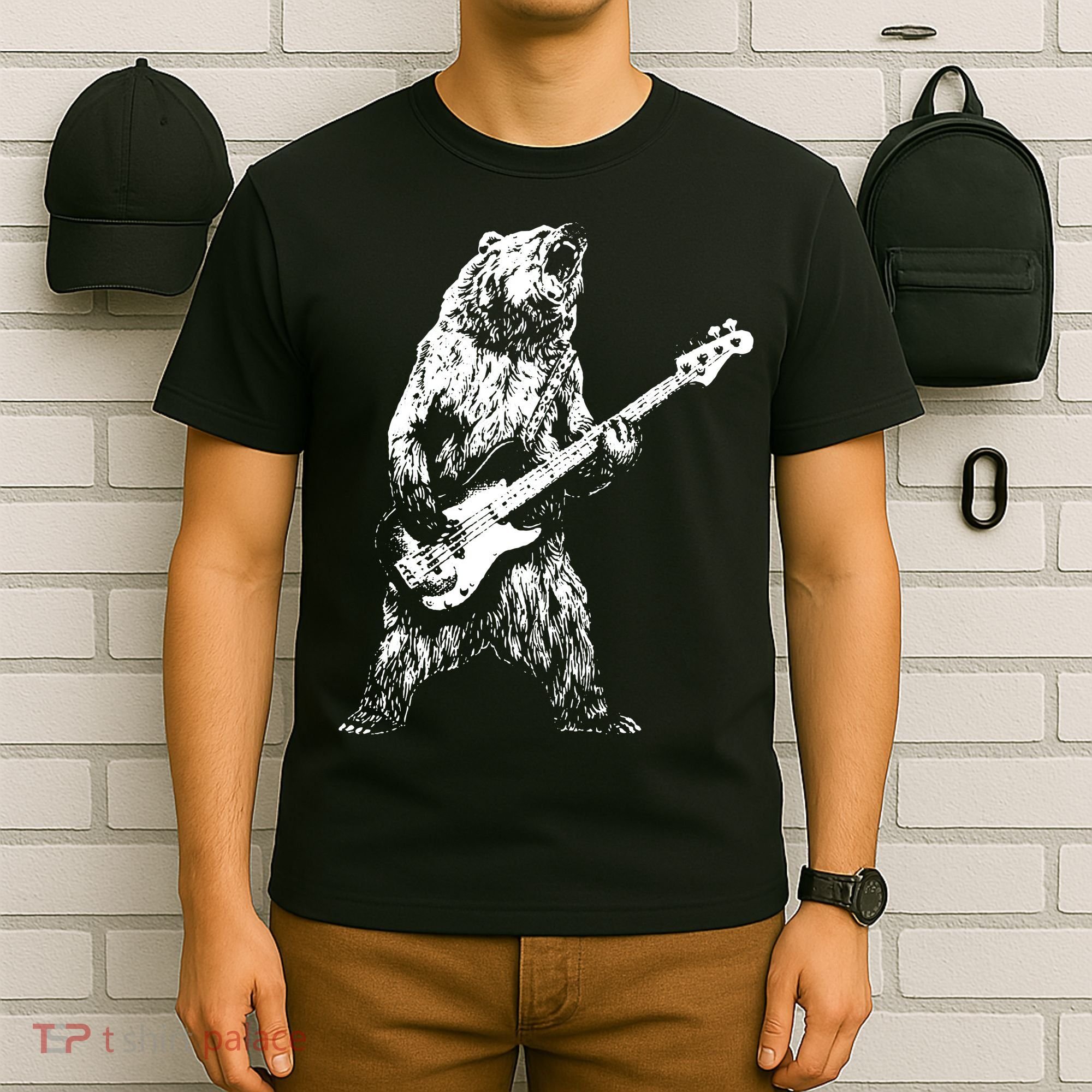 Bear Playing Bass Guitar Bear Retro Music Lovers T-Shirt