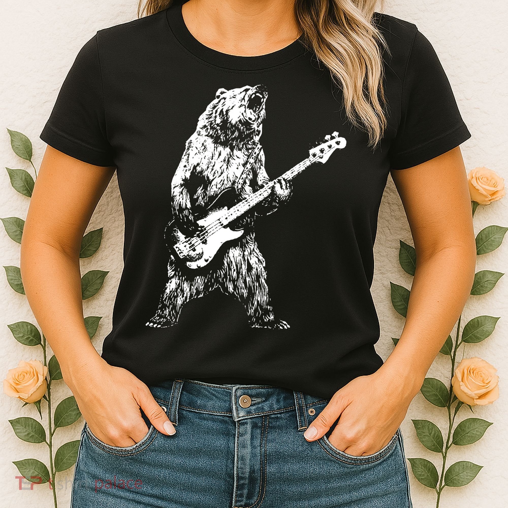 Bear Playing Bass Guitar Bear Retro Music Lovers Women's T-Shirt