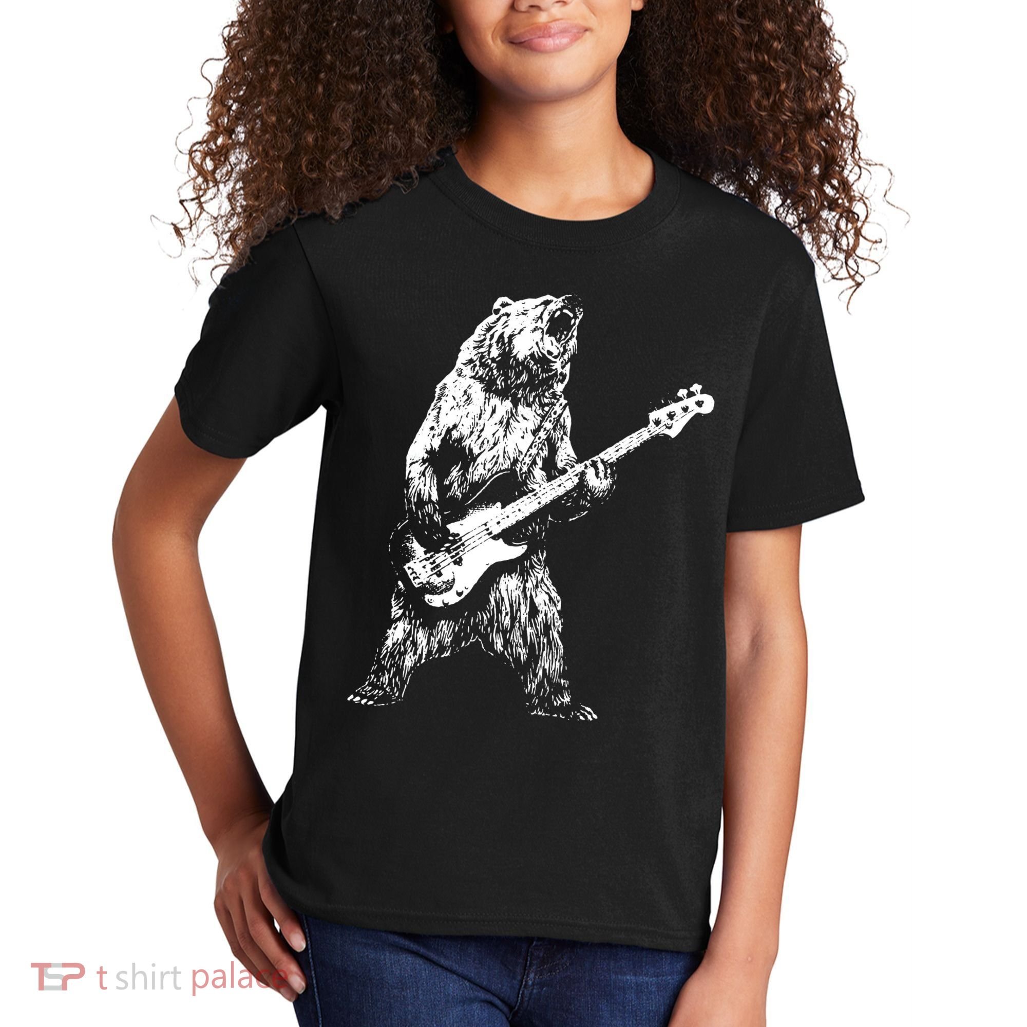 Bear Playing Bass Guitar Bear Retro Music Lovers Kids T-Shirt