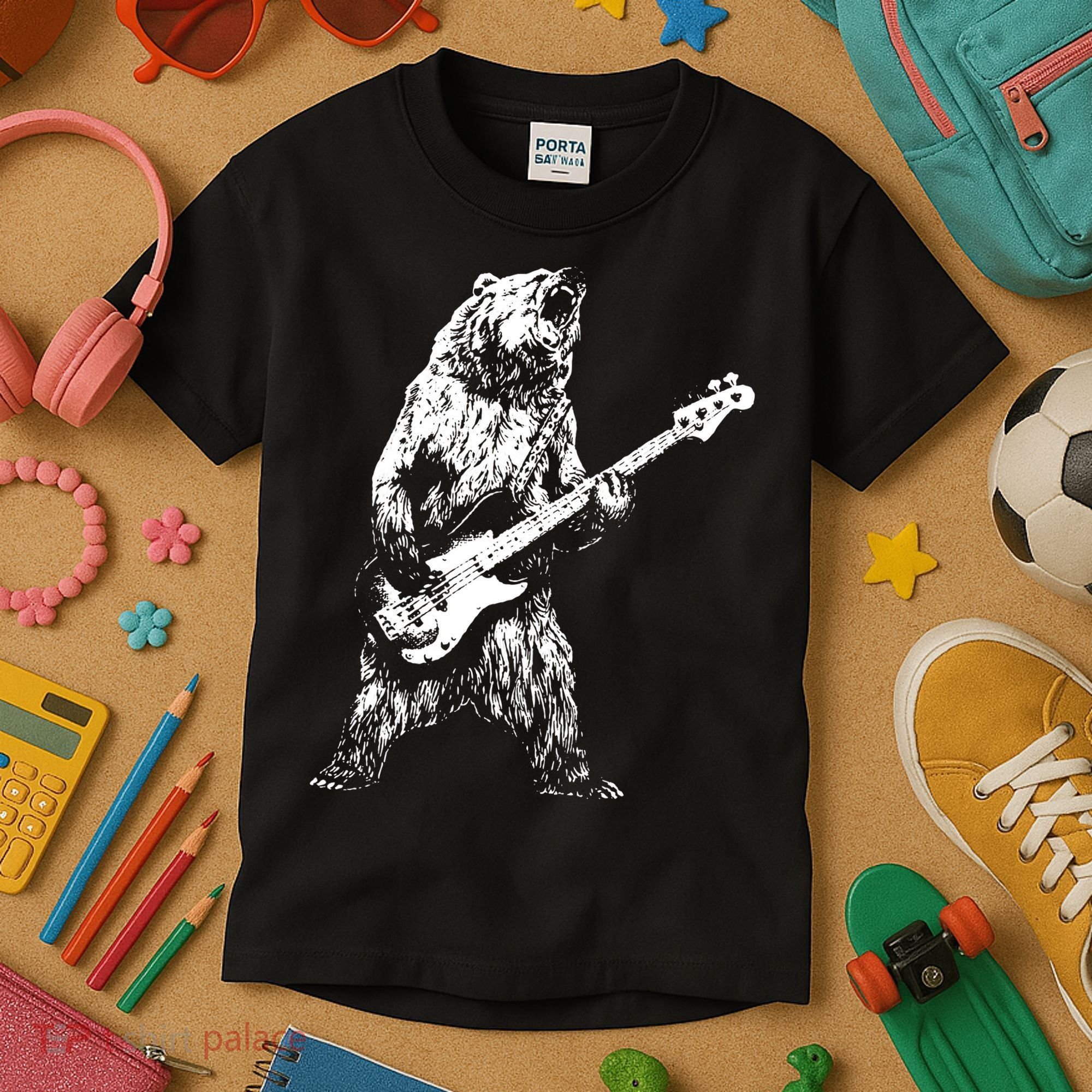 Bear Playing Bass Guitar Bear Retro Music Lovers Kids T-Shirt