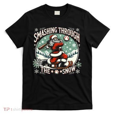 Baseball Player Christmas Santa Smashing Through The Snow  T-Shirt