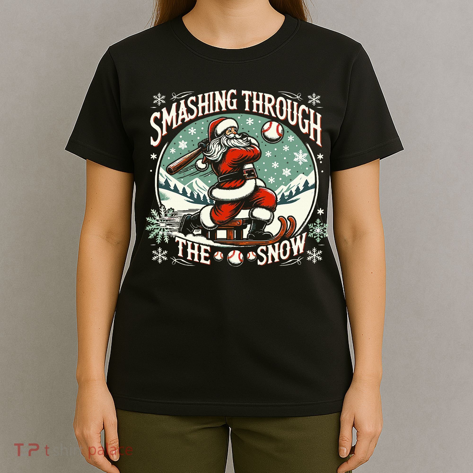 Baseball Player Christmas Santa Smashing Through The Snow  T-Shirt