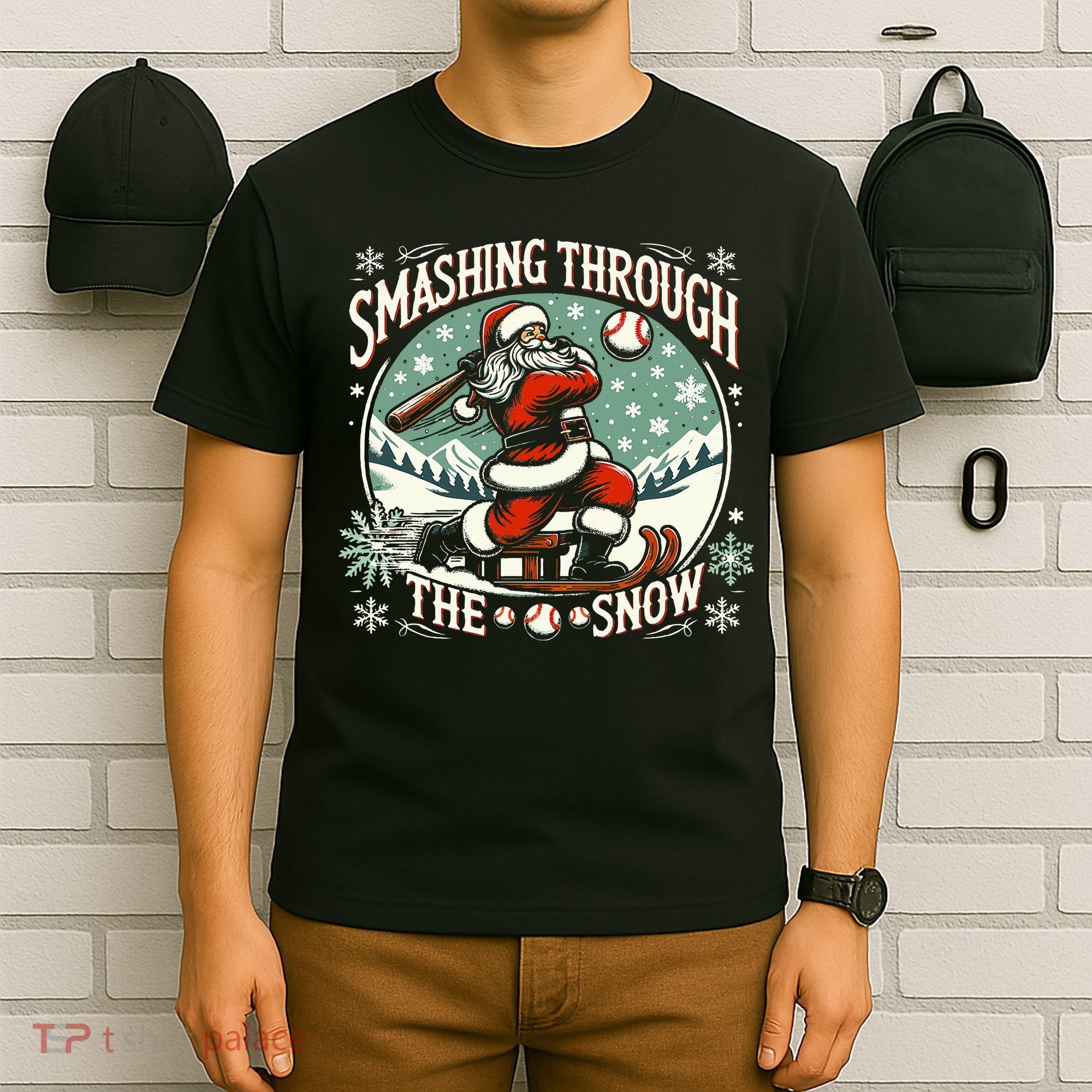Baseball Player Christmas Santa Smashing Through The Snow  T-Shirt