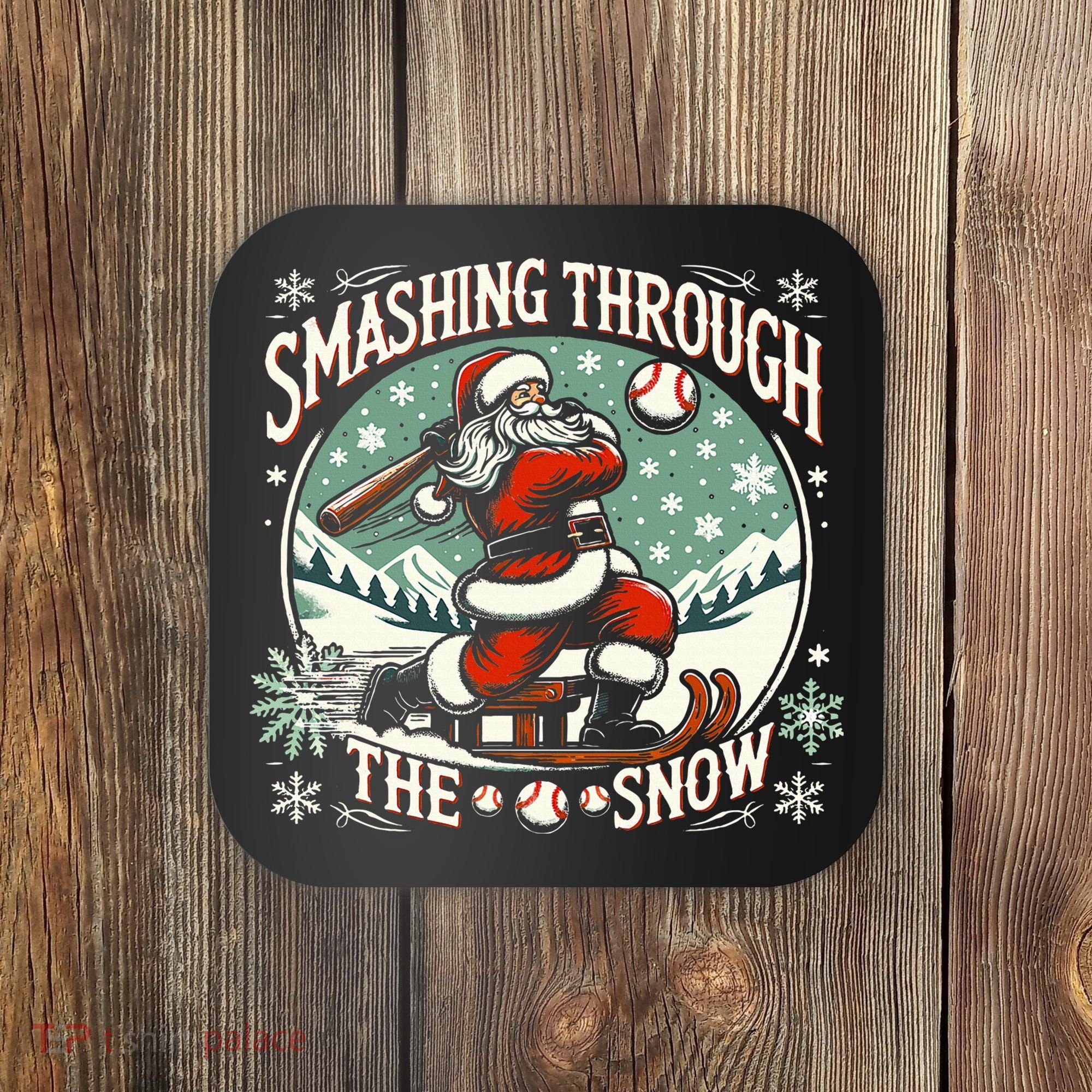 Baseball Player Christmas Santa Smashing Through The Snow  Coaster