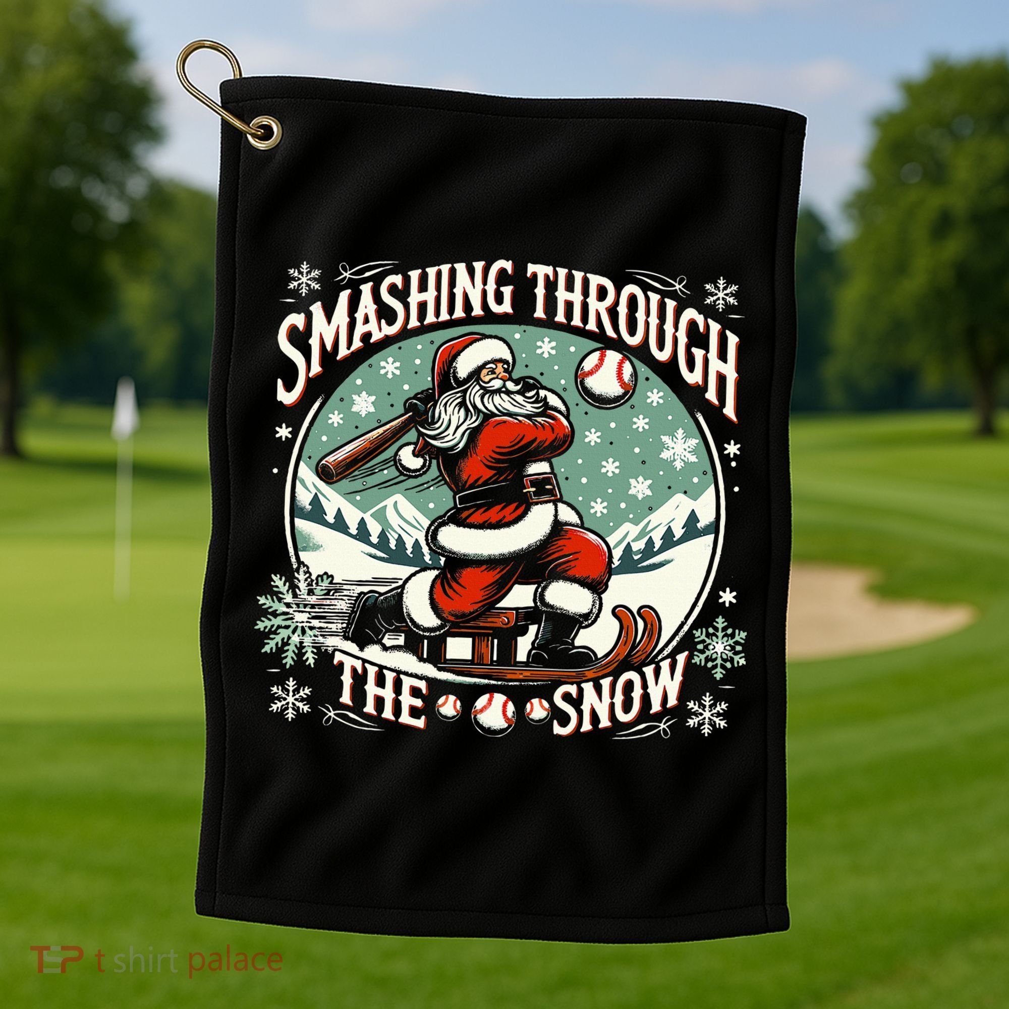 Baseball Player Christmas Santa Smashing Through The Snow  Golf Towel