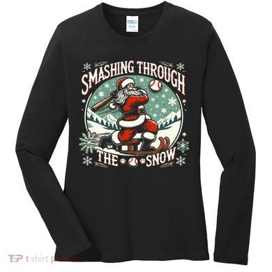 Baseball Player Christmas Santa Smashing Through The Snow  Women's Long Sleeve Shirt