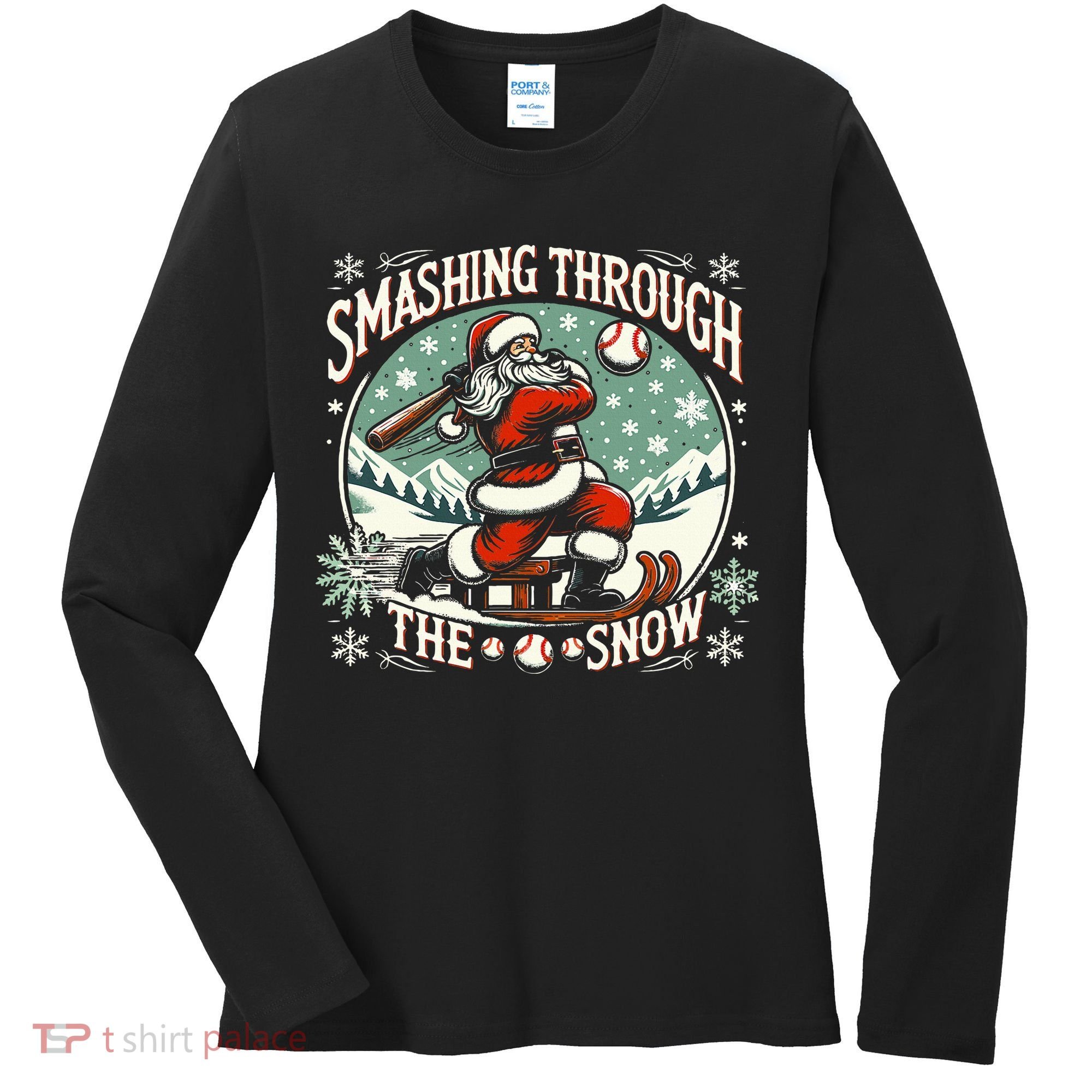 Baseball Player Christmas Santa Smashing Through The Snow  Women's Long Sleeve Shirt