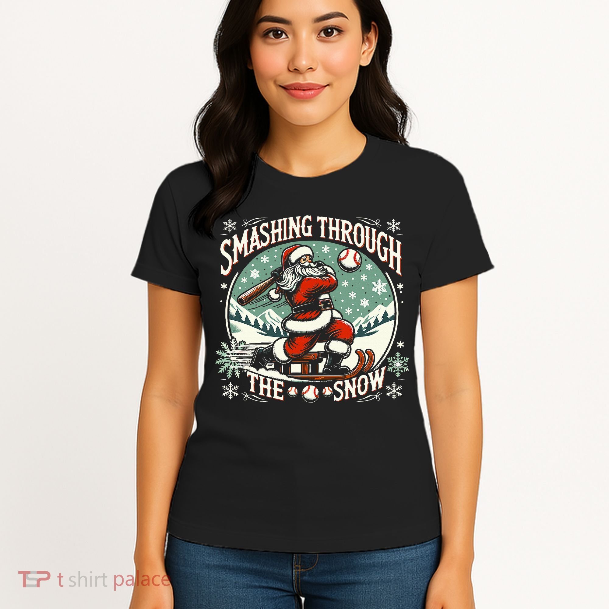 Baseball Player Christmas Santa Smashing Through The Snow  Women's T-Shirt