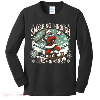 Baseball Player Christmas Santa Smashing Through The Snow  Kids Long Sleeve Shirt