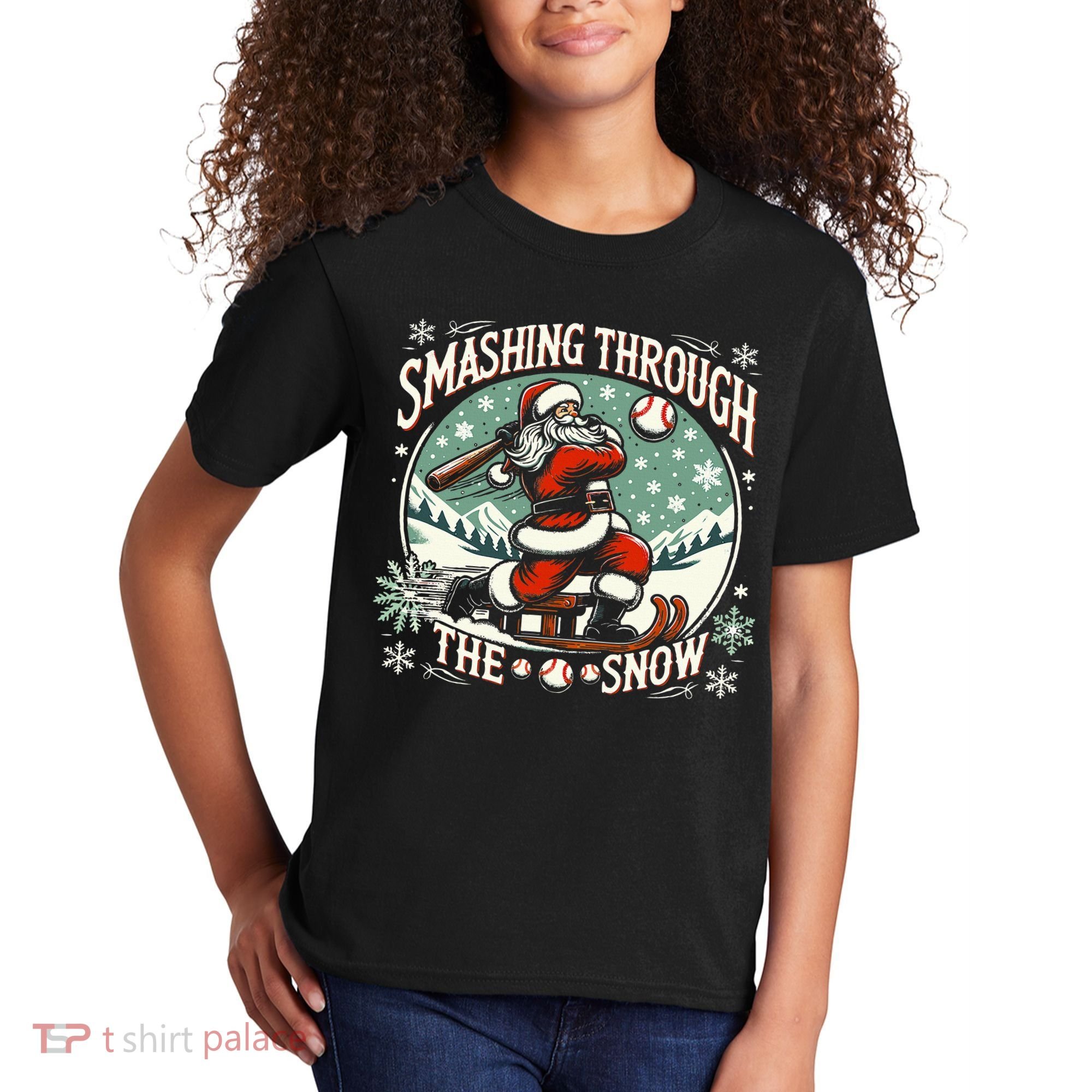 Baseball Player Christmas Santa Smashing Through The Snow  Kids T-Shirt