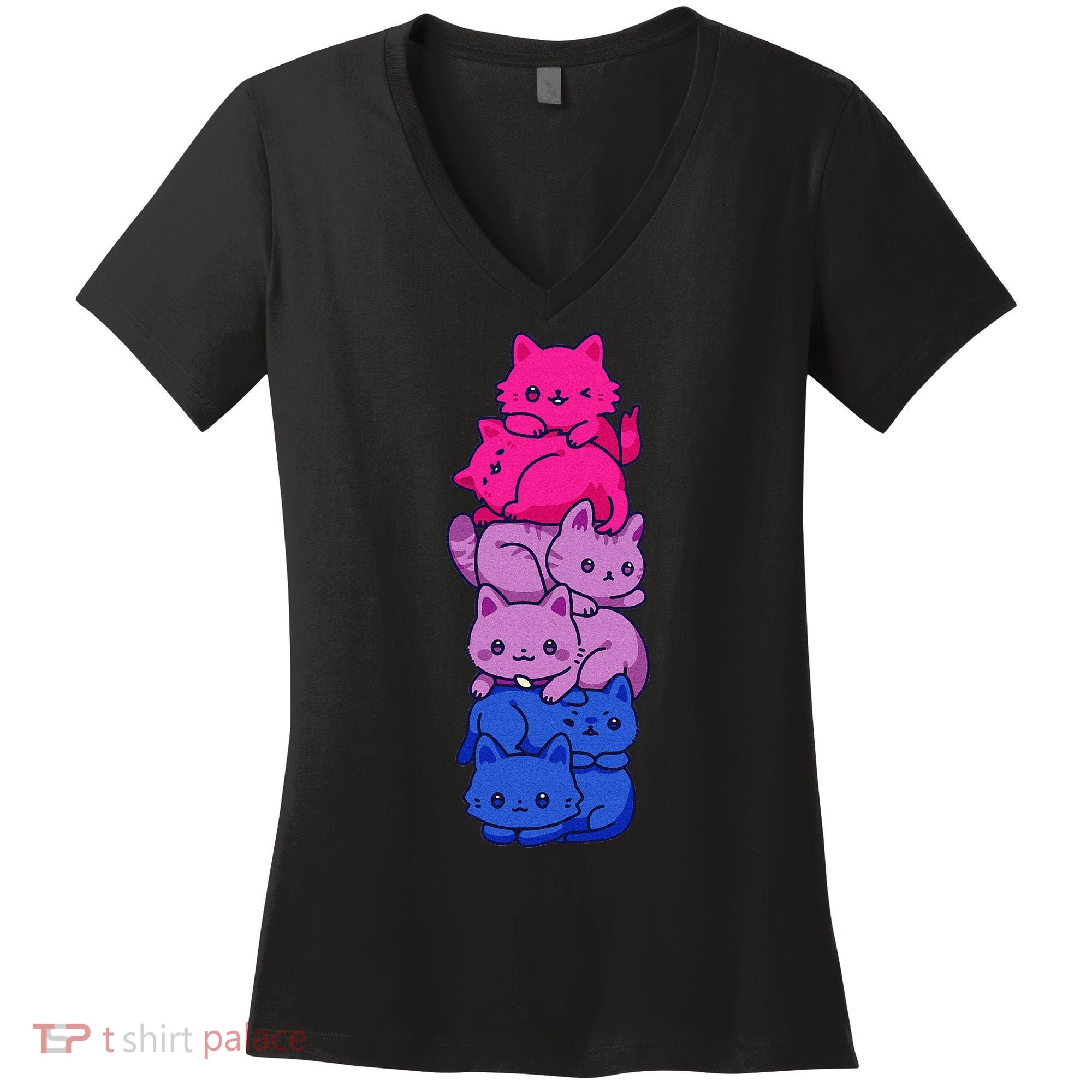 Bi Pride Cat LGBT Bisexual Flag Cute Kawaii Cats Pile Gift Women's V-Neck T-Shirt