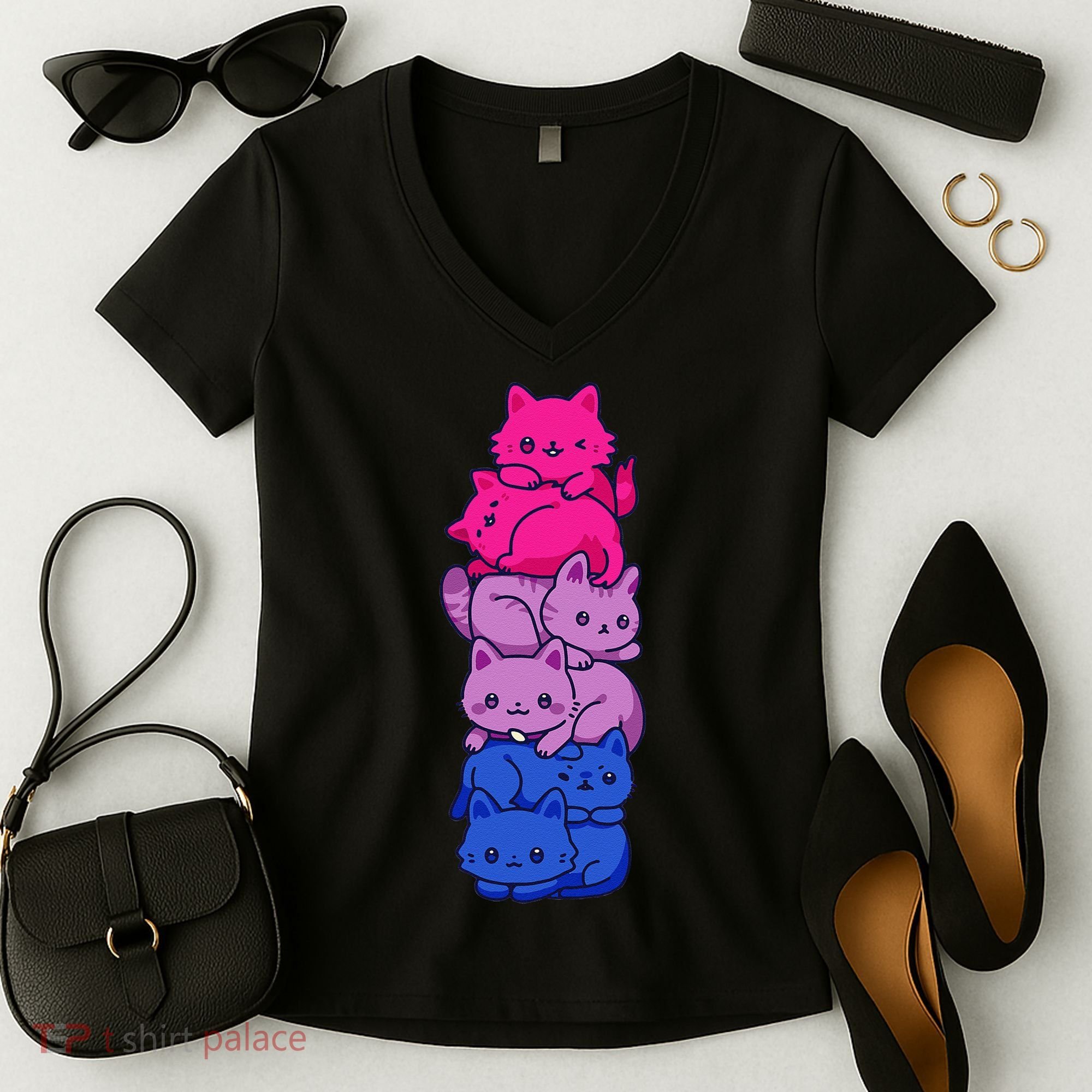 Bi Pride Cat LGBT Bisexual Flag Cute Kawaii Cats Pile Gift Women's V-Neck T-Shirt