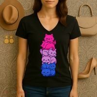 Bi Pride Cat LGBT Bisexual Flag Cute Kawaii Cats Pile Gift Women's V-Neck T-Shirt thumb 3