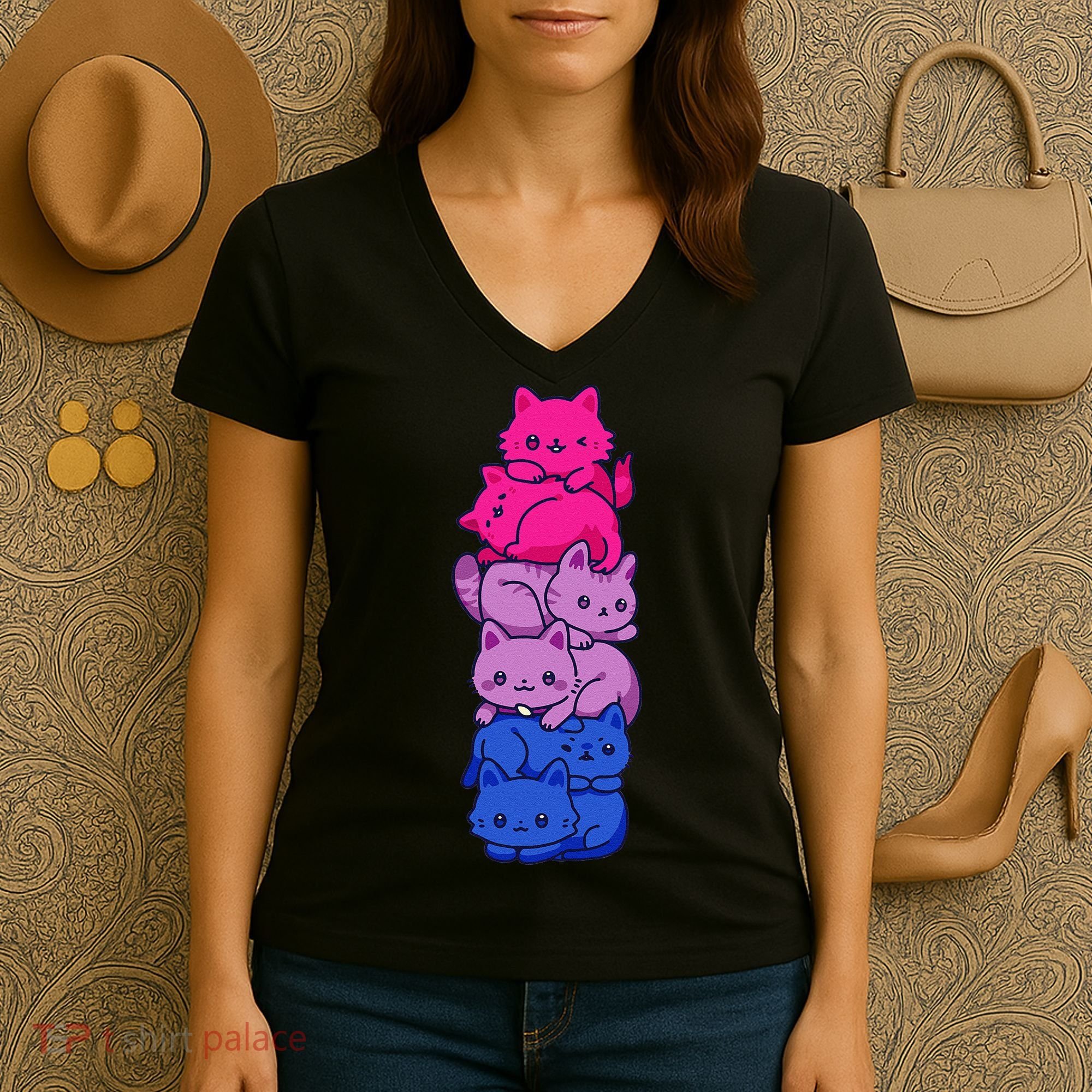Bi Pride Cat LGBT Bisexual Flag Cute Kawaii Cats Pile Gift Women's V-Neck T-Shirt