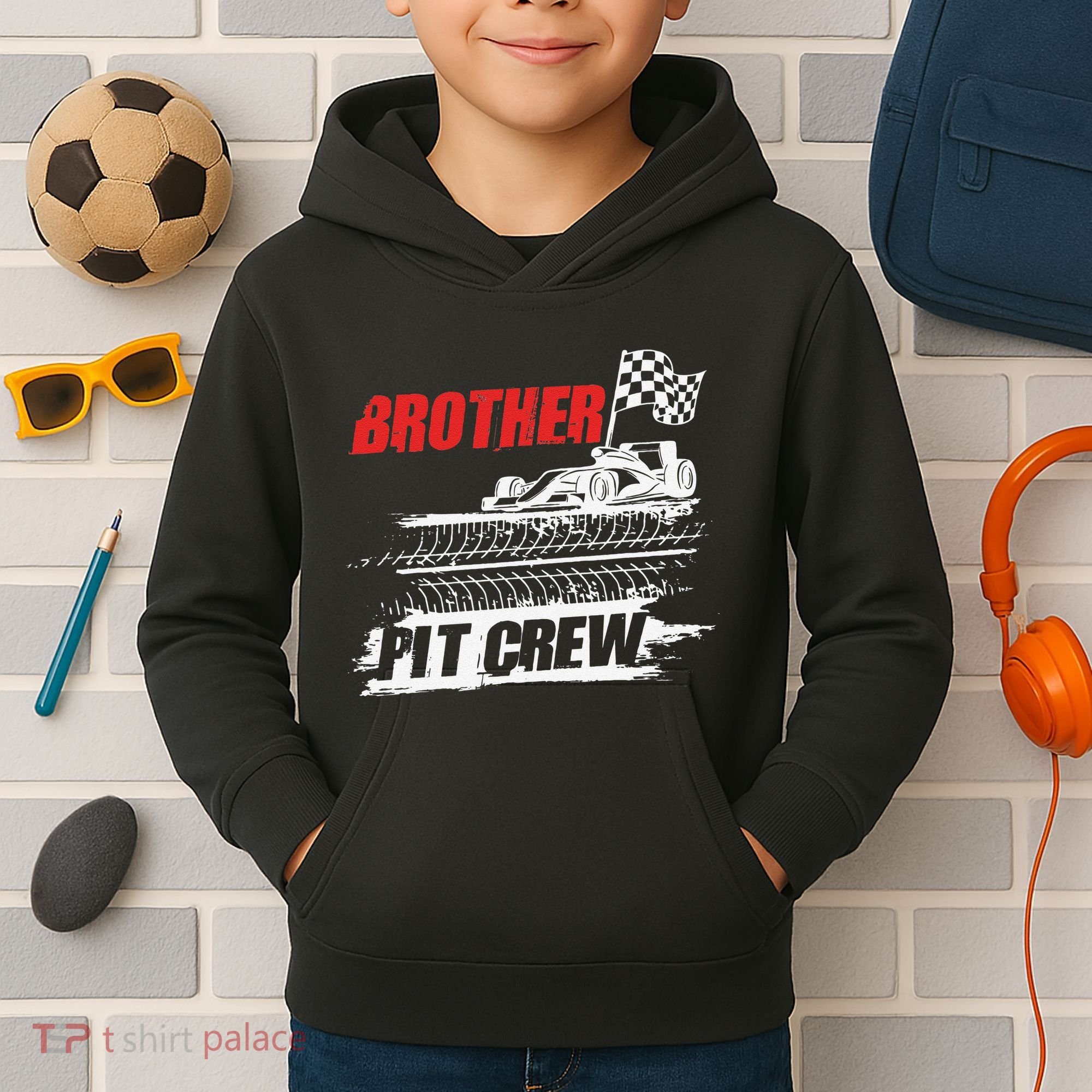 Brother Pit Crew Car Racing Checkered Flag Racer Matching Kids Hoodie