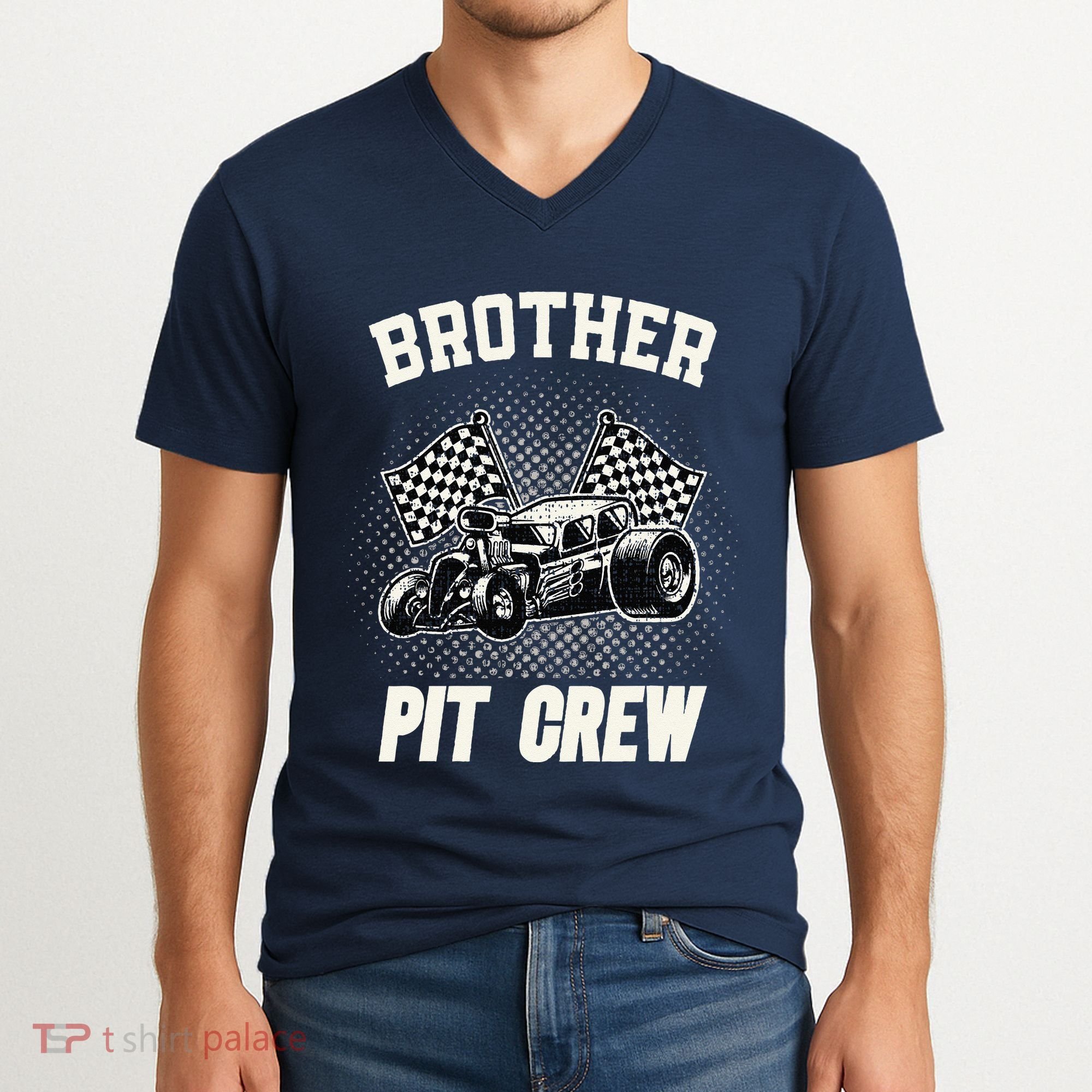 Brother Pit Crew Funny Race Car Birthday Party Racing Family V-Neck T-Shirt